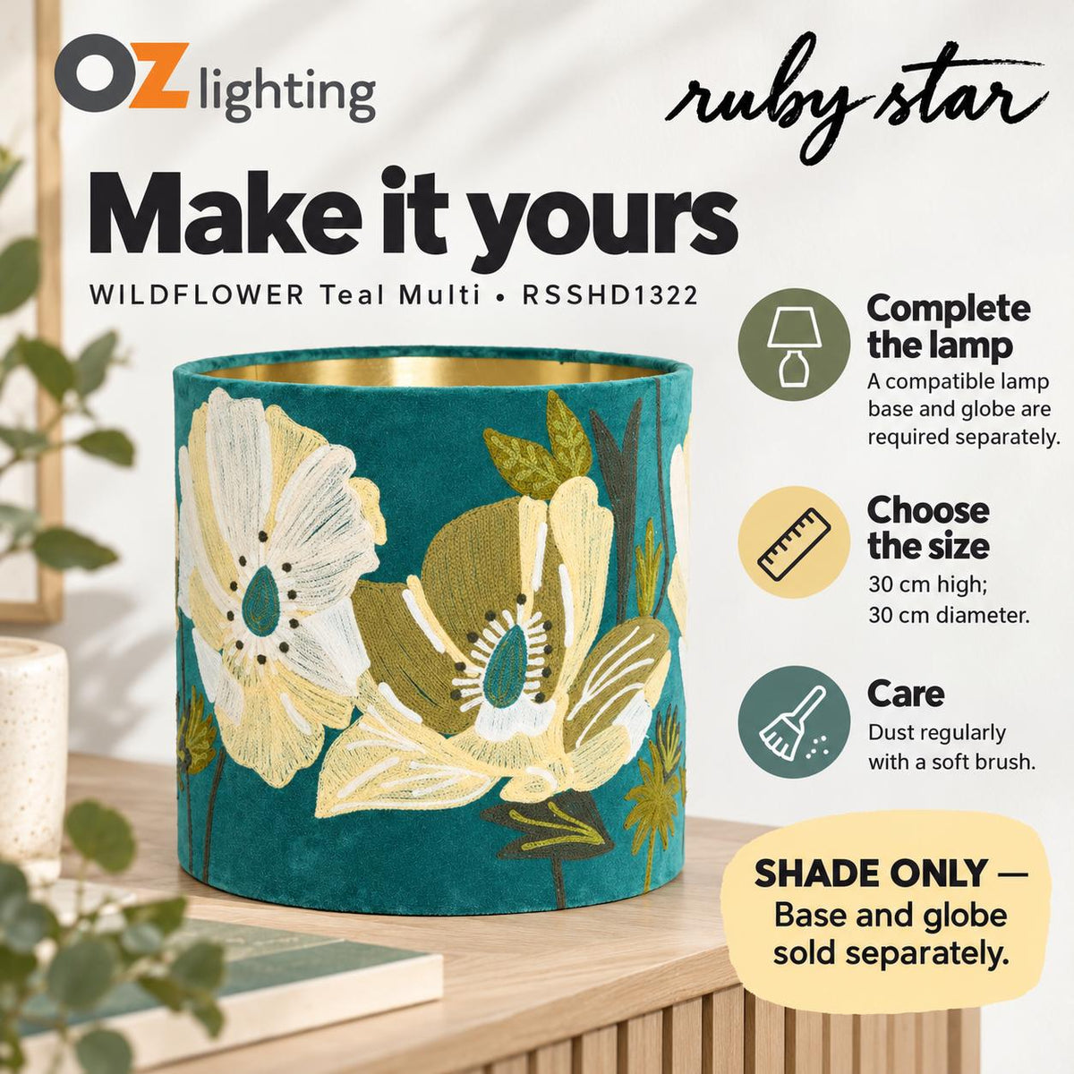 Ruby Star WILDFLOWER Drum Shade - Velvet, Teal Multi-RUBY STAR-Ozlighting.com.au