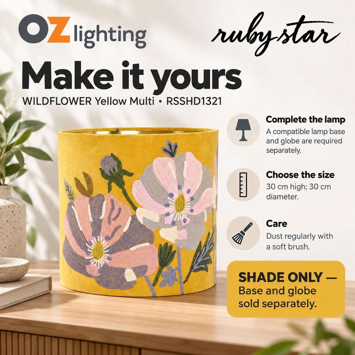 Ruby Star WILDFLOWER Drum Shade - Velvet, Yellow Multi-RUBY STAR-Ozlighting.com.au