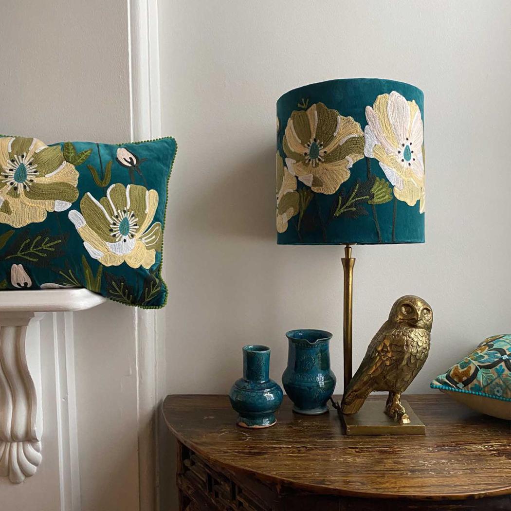 Ruby Star WILDFLOWER Velvet Drum Shade Teal Multi-RUBY STAR-Ozlighting.com.au