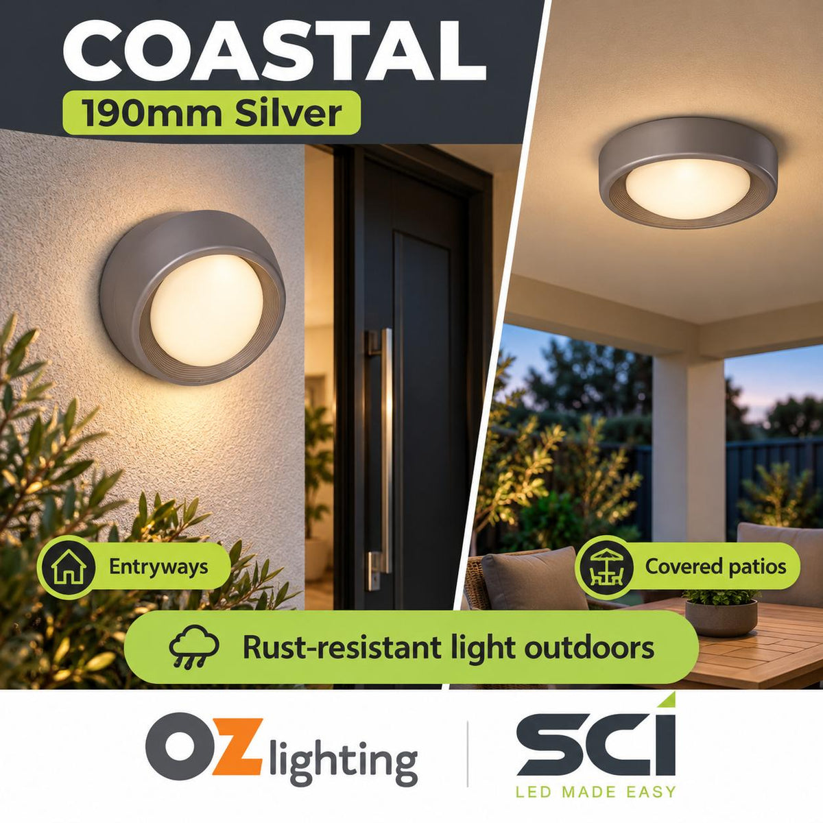 SCI COASTAL LED Bunker Ceiling Light - 8W/13W, 3000K, IP65, 190mm, 245mm-SCI-Ozlighting.com.au
