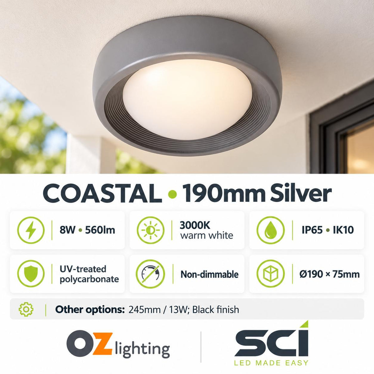 SCI COASTAL LED Bunker Ceiling Light - 8W/13W, 3000K, IP65, 190mm, 245mm-SCI-Ozlighting.com.au