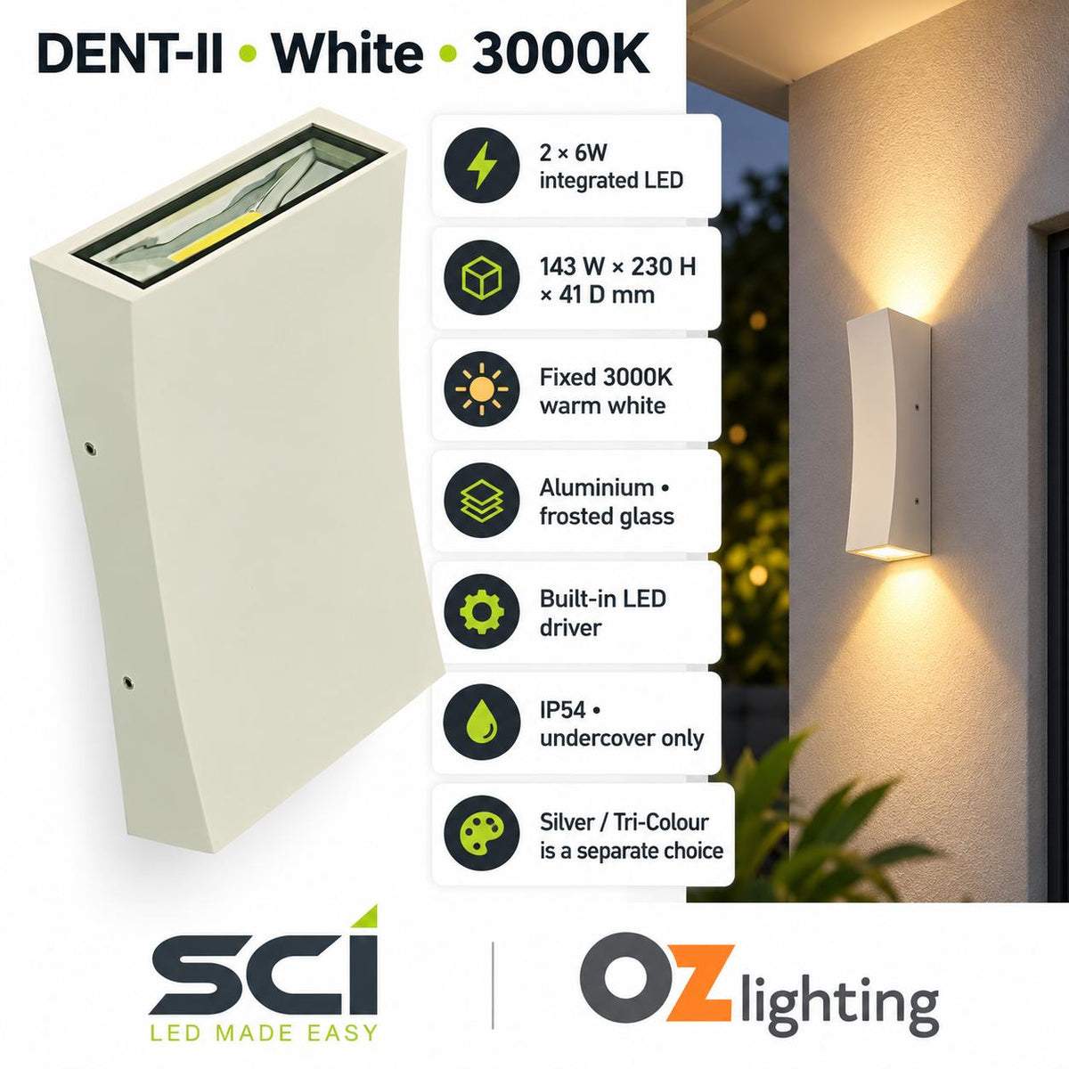 SCI DENT-II LED Up/Down Wall Light - 2 x 6W, IP54-SCI-Ozlighting.com.au