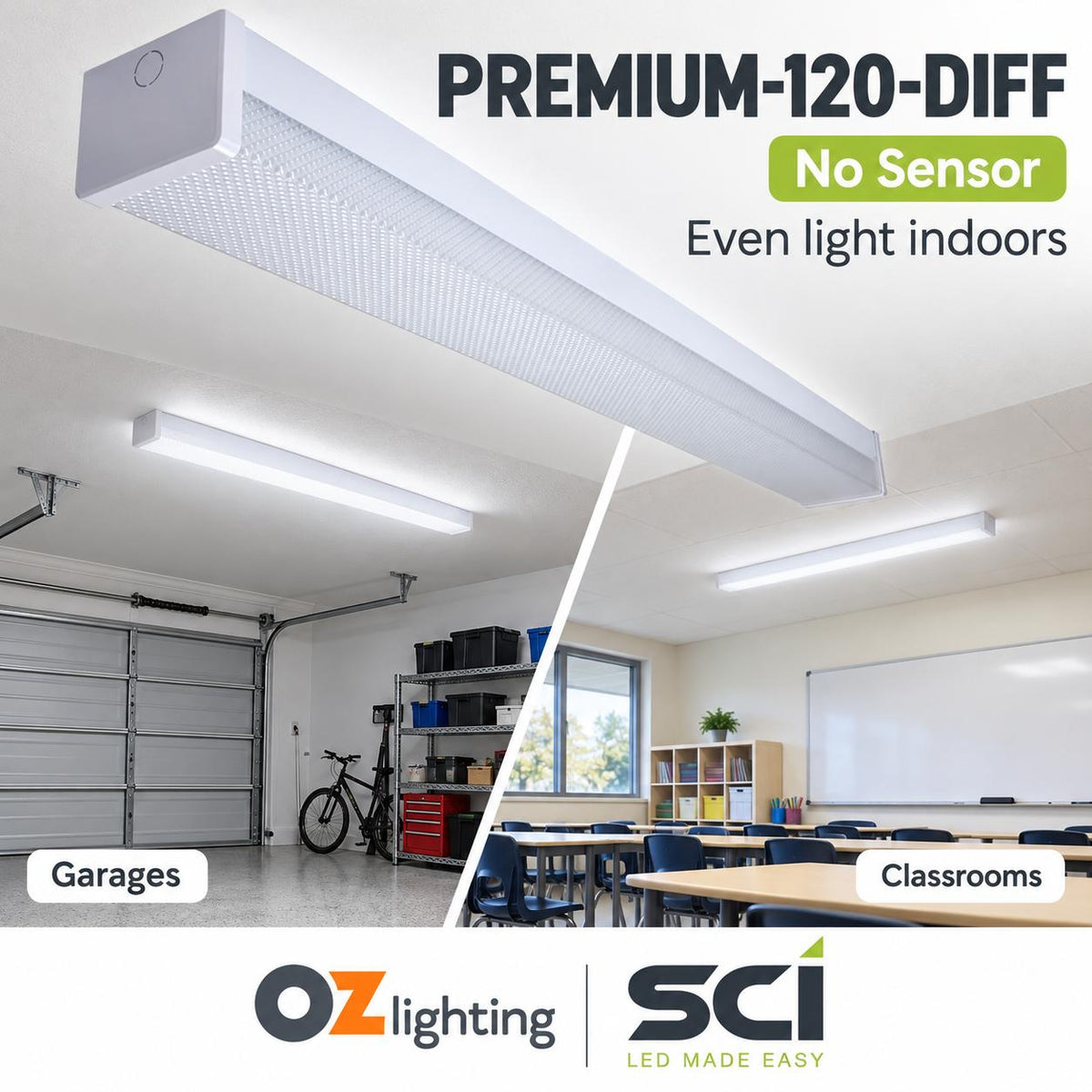 SCI PREMIUM-120-DIFF LED Batten Light - 15W/30W, 1200mm, 5000K, Single, Diffused, Optional Sensor-SCI-Ozlighting.com.au
