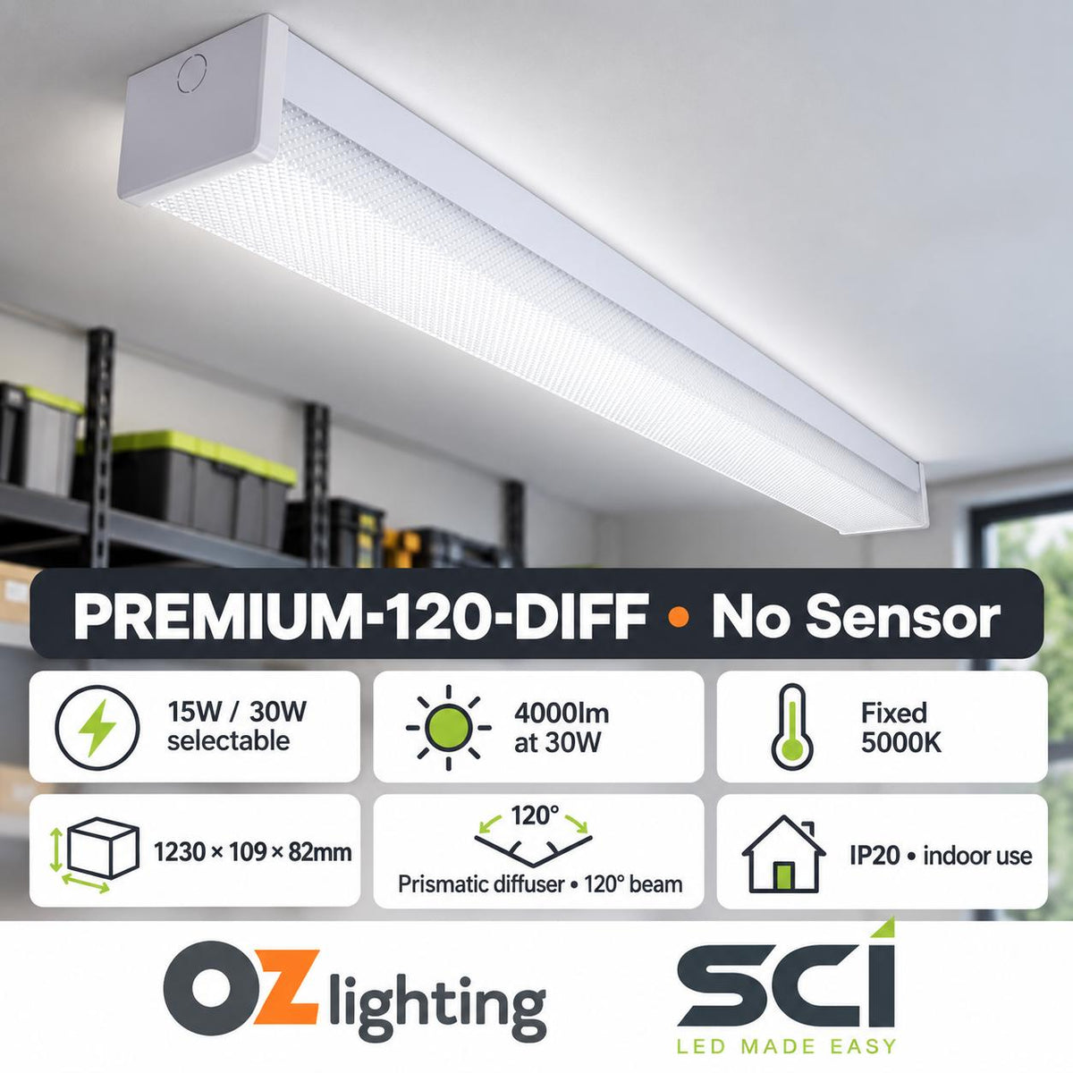 SCI PREMIUM-120-DIFF LED Batten Light - 15W/30W, 1200mm, 5000K, Single, Diffused, Optional Sensor-SCI-Ozlighting.com.au