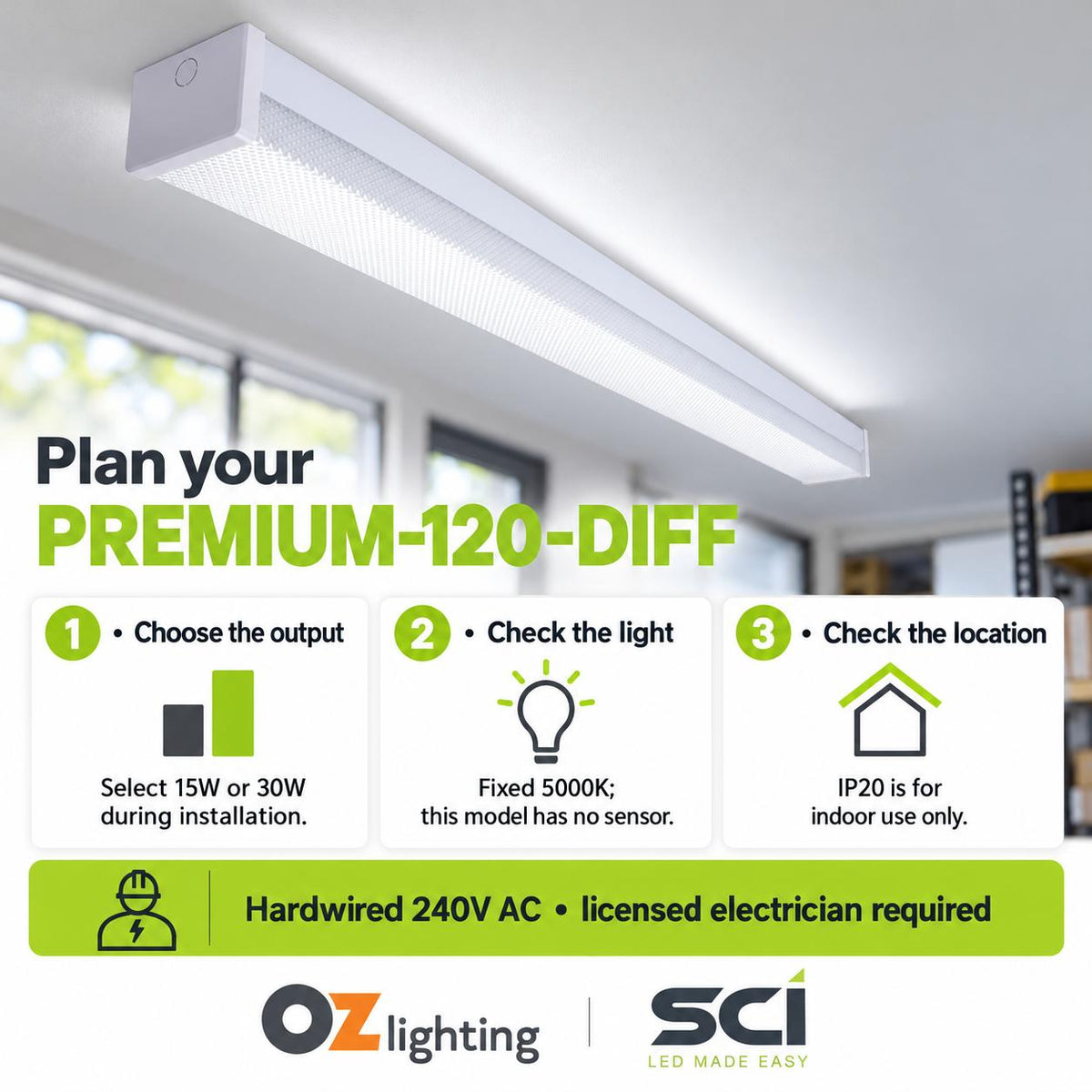 SCI PREMIUM-120-DIFF LED Batten Light - 15W/30W, 1200mm, 5000K, Single, Diffused, Optional Sensor-SCI-Ozlighting.com.au