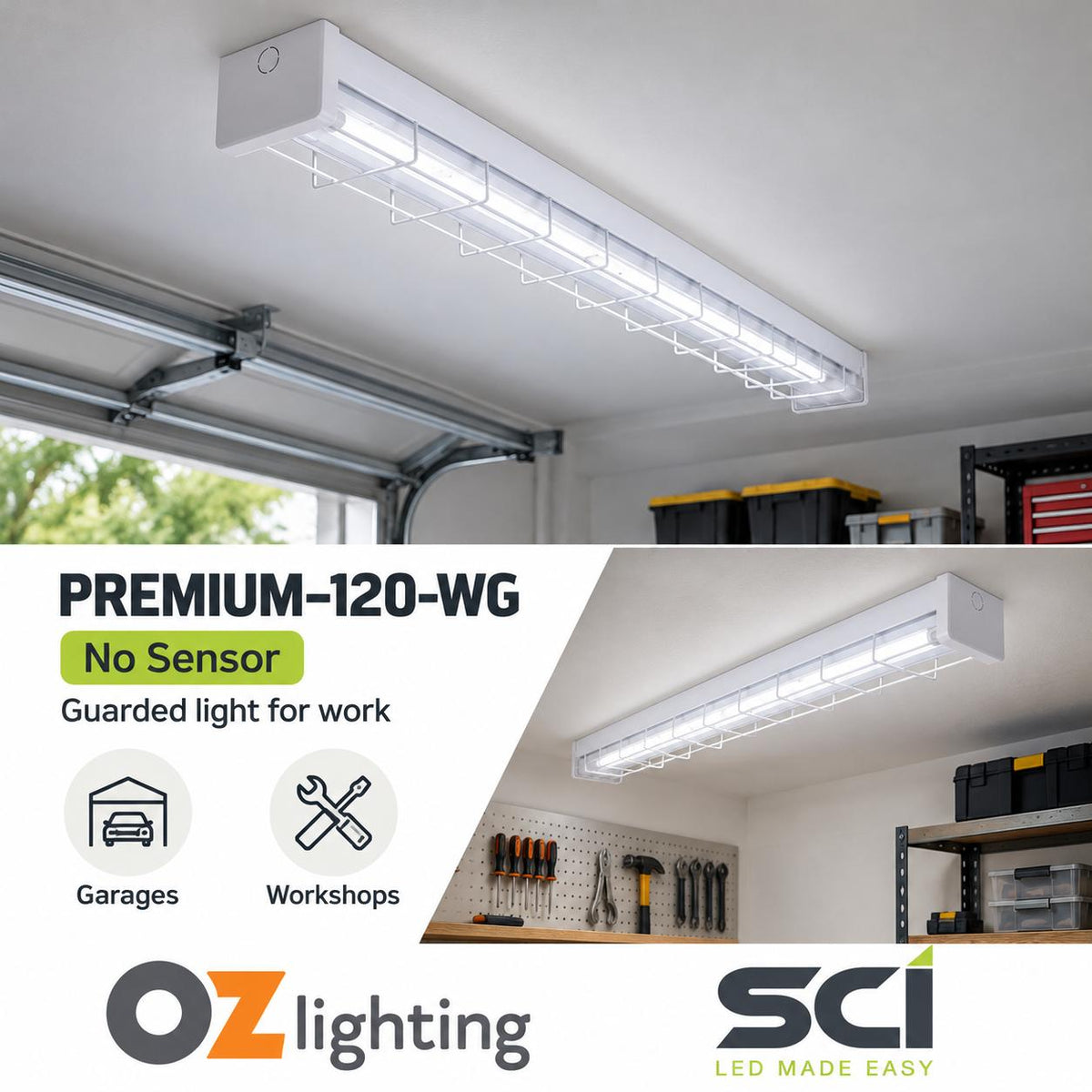 SCI PREMIUM-120-WG 15W/30W LED Single Colour Wide Body Wire Guard Batten - 1200mm, with Optional Sensor, 5000K-SCI-Ozlighting.com.au