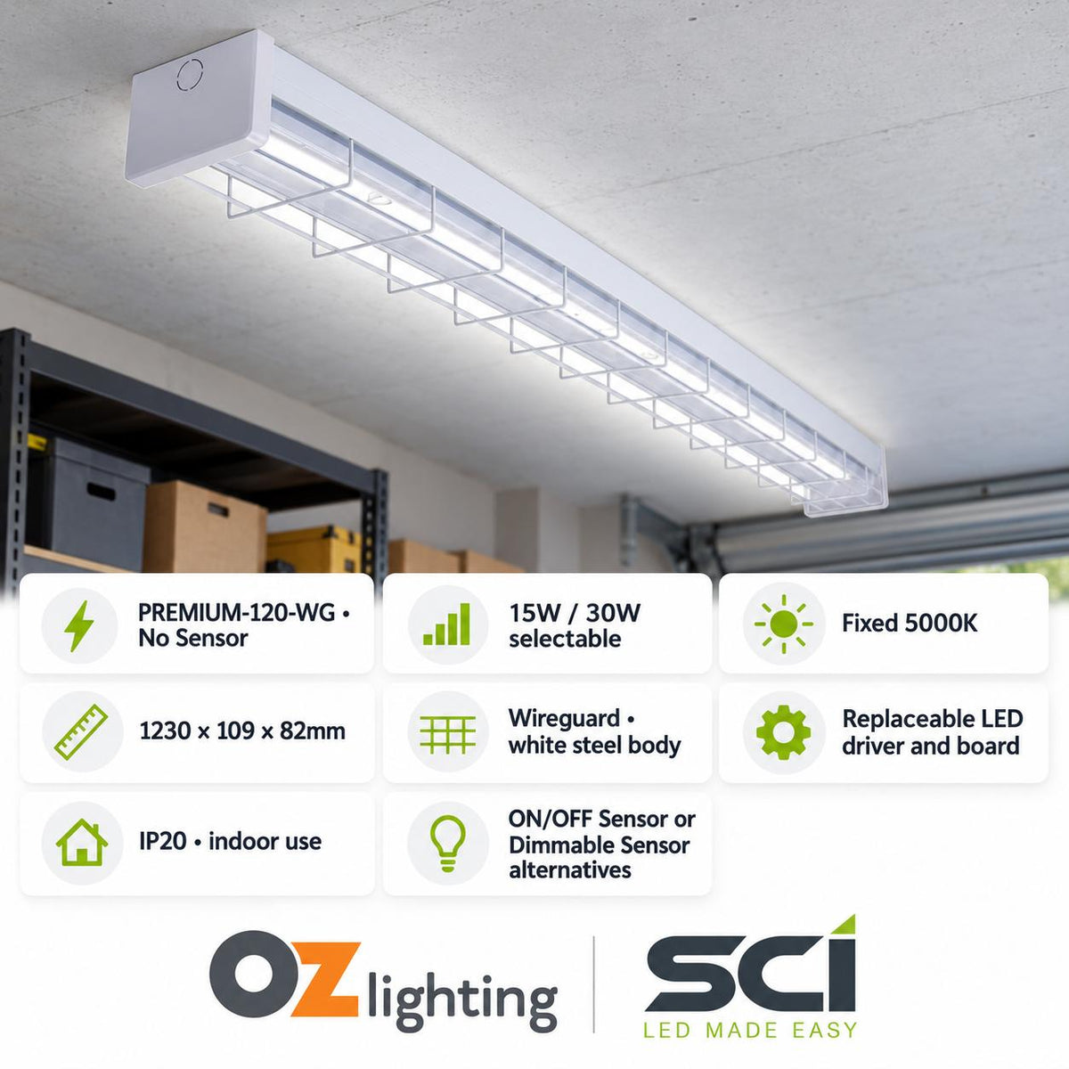 SCI PREMIUM-120-WG 15W/30W LED Single Colour Wide Body Wire Guard Batten - 1200mm, with Optional Sensor, 5000K-SCI-Ozlighting.com.au