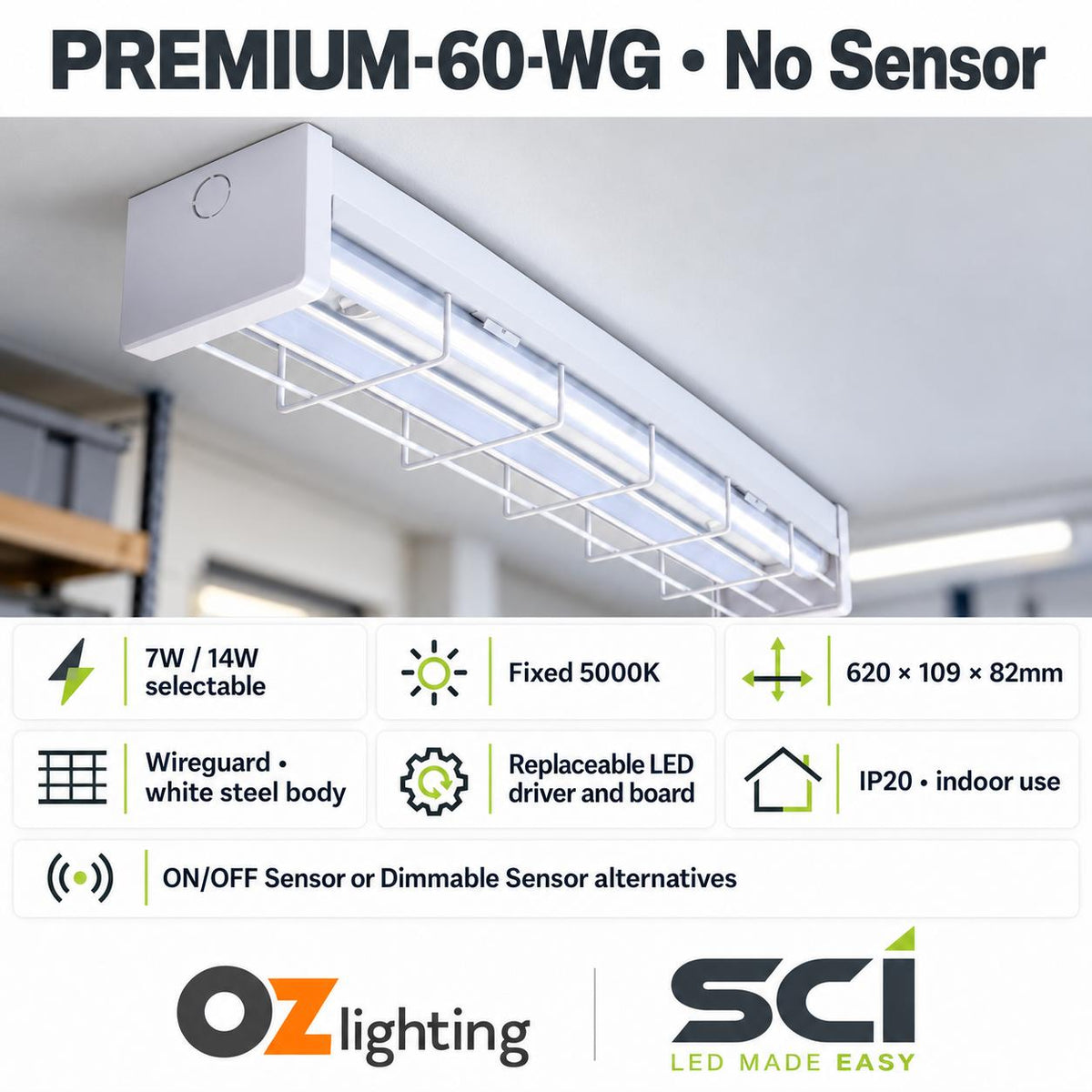 SCI PREMIUM-60-WG 7W/14W LED Single Colour Wide Body Wire Guard Batten - 600mm, with Optional Sensor, 5000K-SCI-Ozlighting.com.au