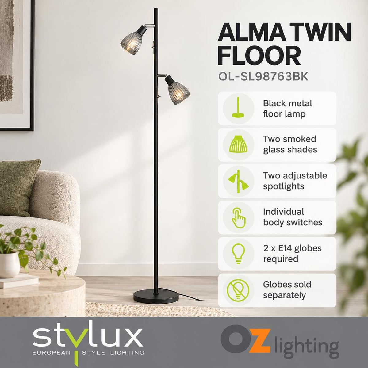Stylux ALMA Floor Lamp - Twin Smoked Glass, Black-Oriel Lighting-Ozlighting.com.au