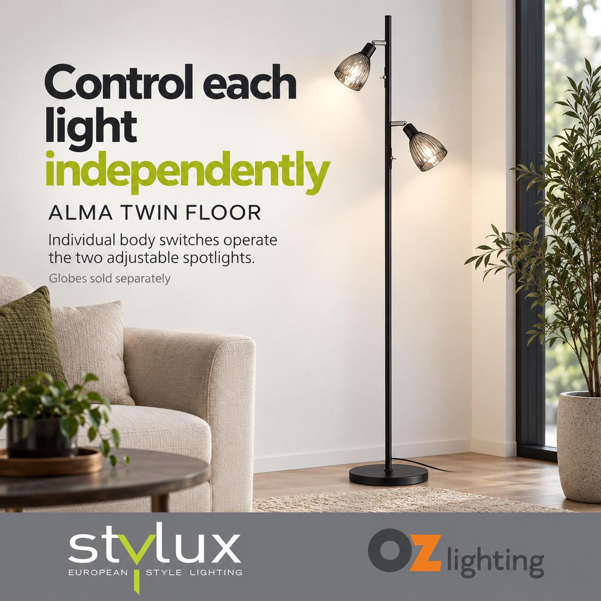 Stylux ALMA Floor Lamp - Twin Smoked Glass, Black-Oriel Lighting-Ozlighting.com.au