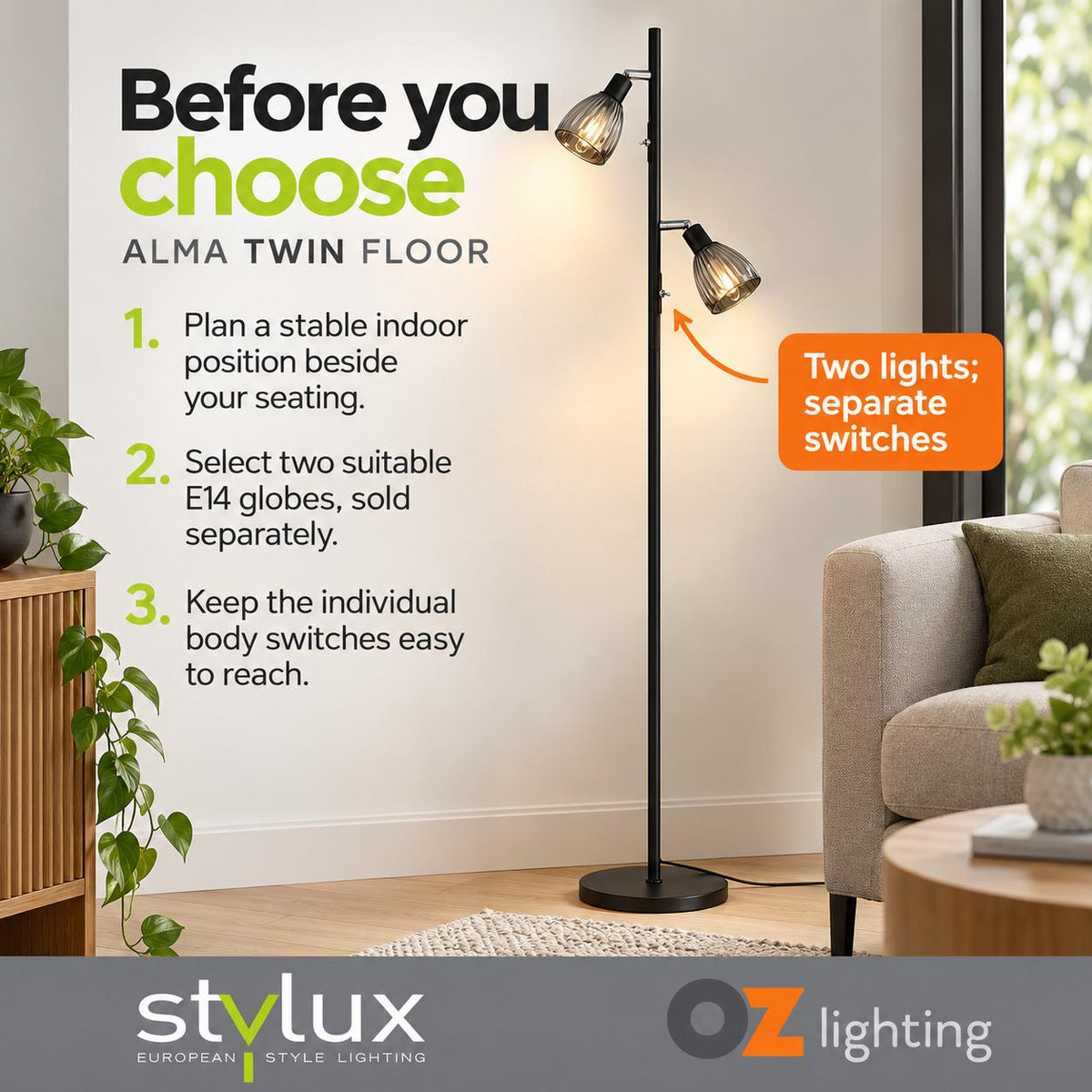 Stylux ALMA Floor Lamp - Twin Smoked Glass, Black-Oriel Lighting-Ozlighting.com.au