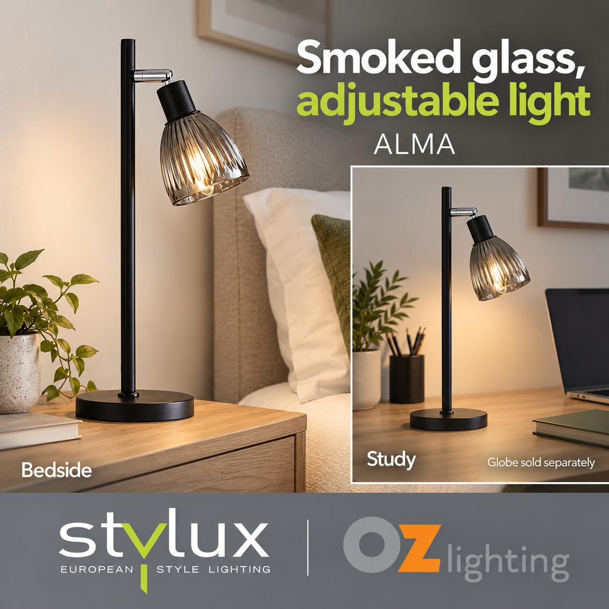 Stylux ALMA Smoked Table Lamp - Glass, Black-Oriel Lighting-Ozlighting.com.au