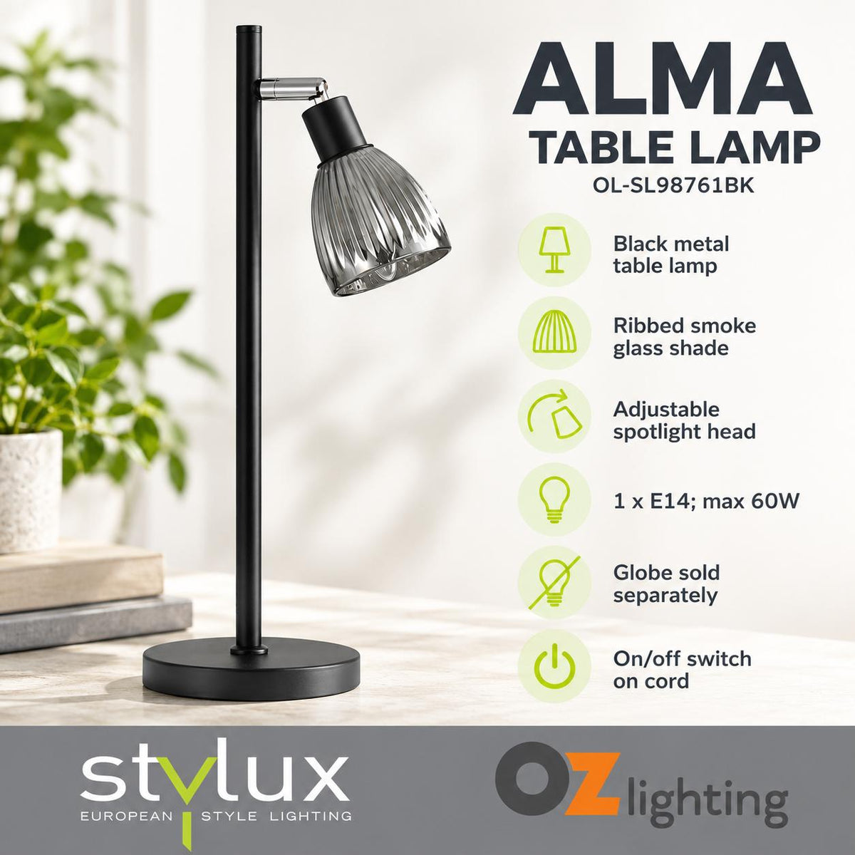 Stylux ALMA Smoked Table Lamp - Glass, Black-Oriel Lighting-Ozlighting.com.au