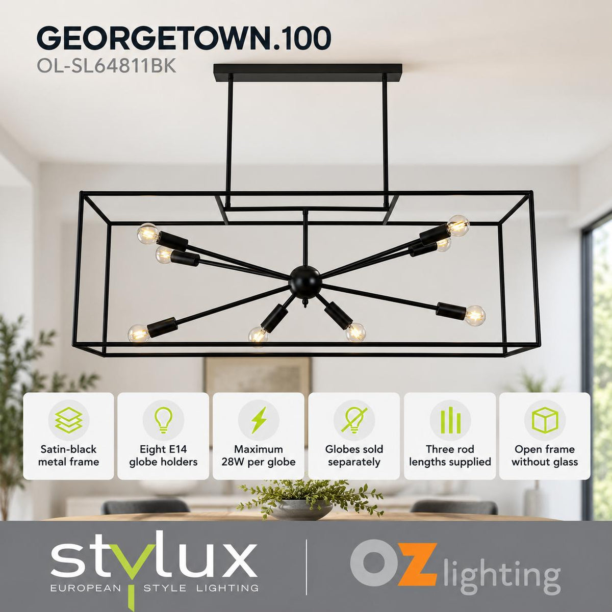 Stylux GEORGETOWN.100 Pendant - 8 Light, E14, Black-Oriel Lighting-Ozlighting.com.au