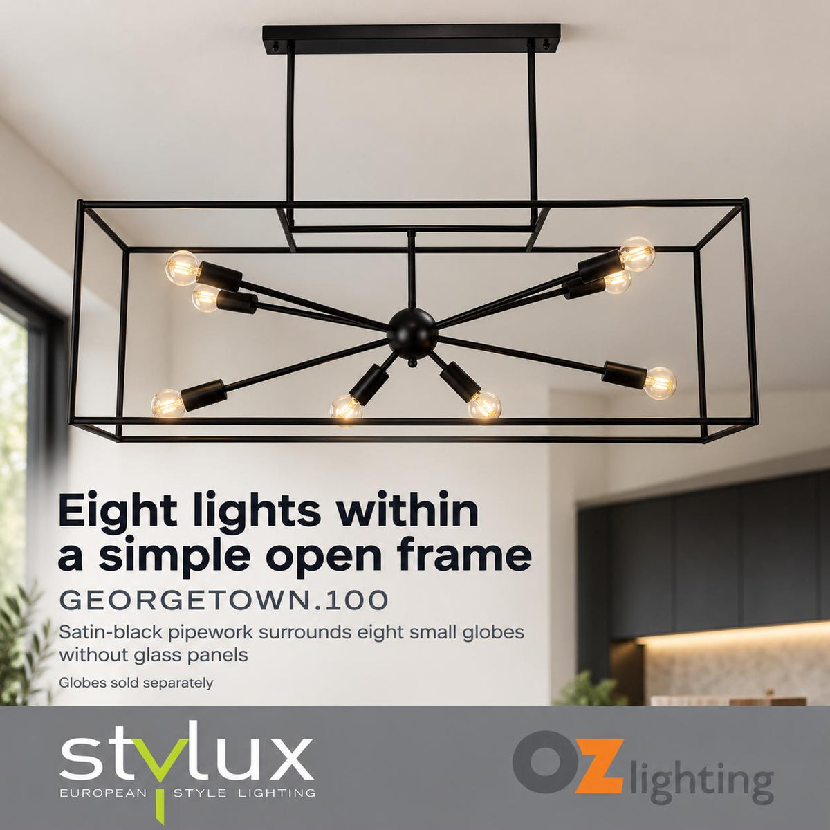 Stylux GEORGETOWN.100 Pendant - 8 Light, E14, Black-Oriel Lighting-Ozlighting.com.au