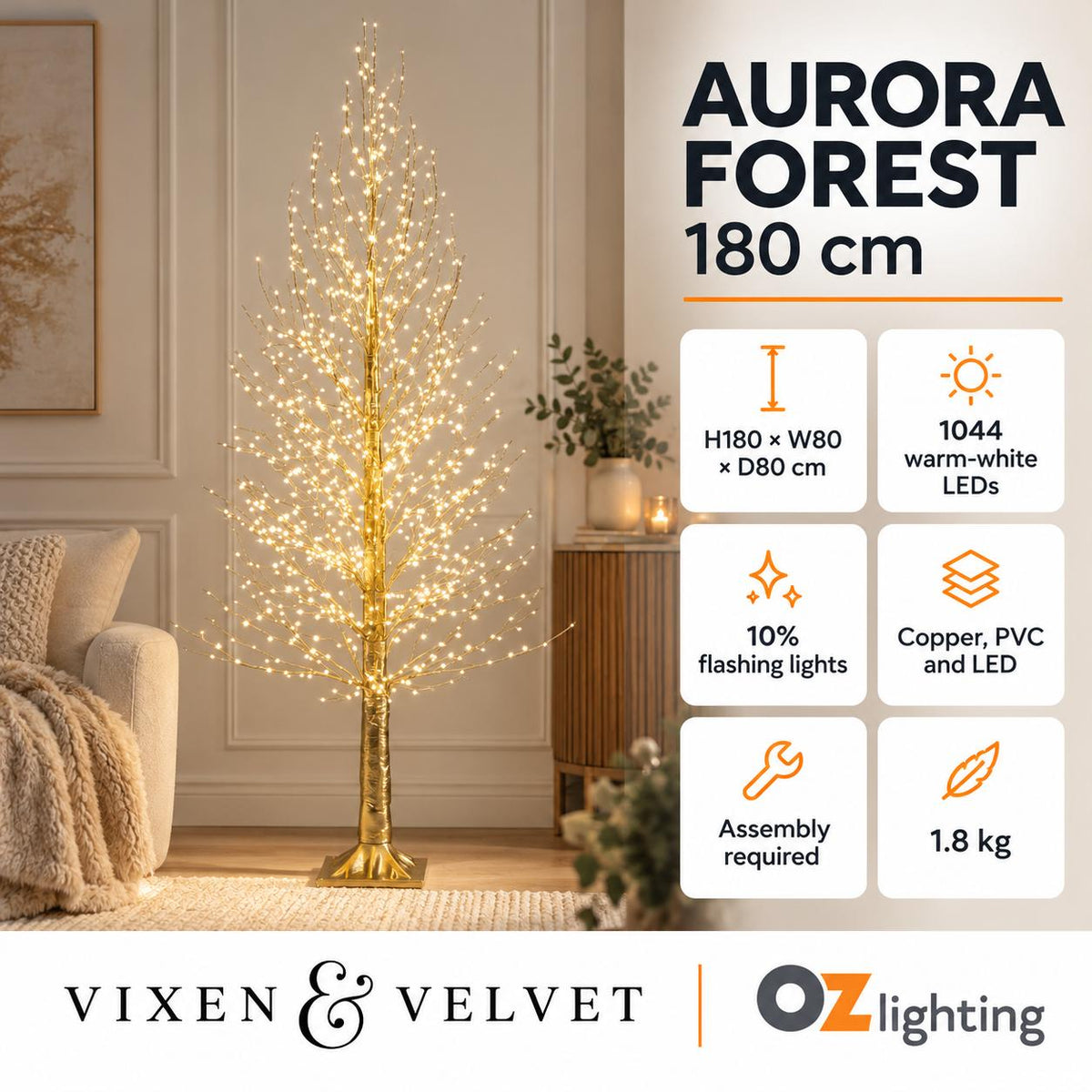 Vixen & Velvet AURORA FOREST Twinkling LED Tree - 180cm, 1044 LEDs-VIXEN & VELVET-Ozlighting.com.au