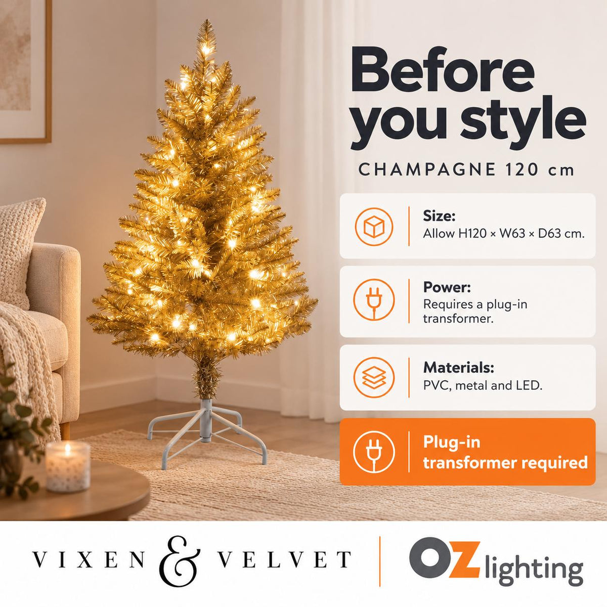 Vixen & Velvet CHAMPAGNE Light-Up Tree - 120cm, 70 LEDs-VIXEN & VELVET-Ozlighting.com.au