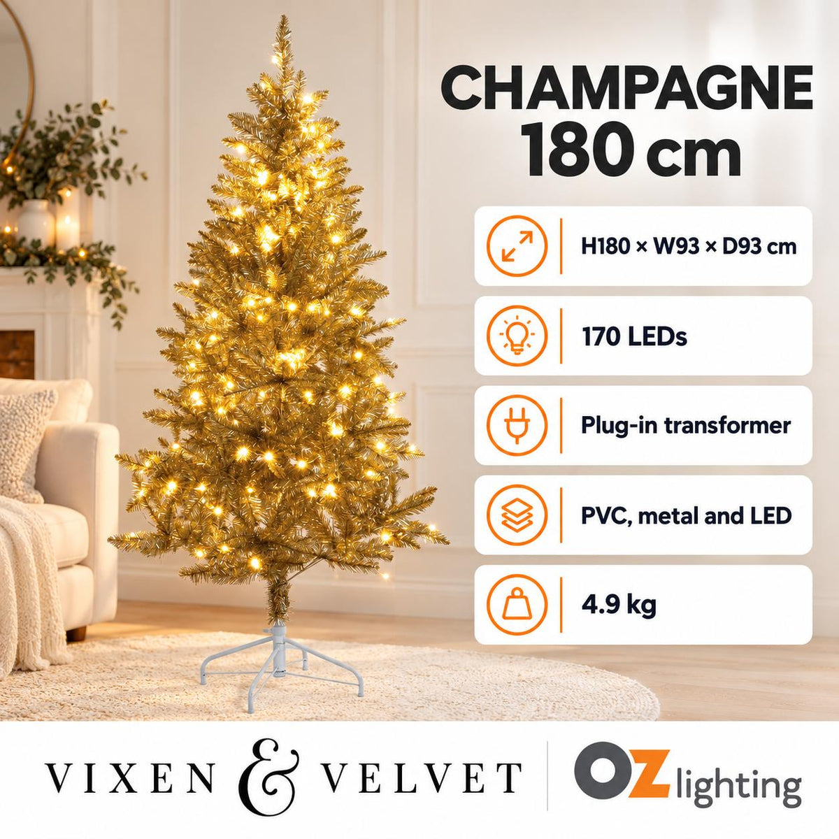 Vixen & Velvet CHAMPAGNE Light-Up Tree - 180cm, 170 LEDs-VIXEN & VELVET-Ozlighting.com.au