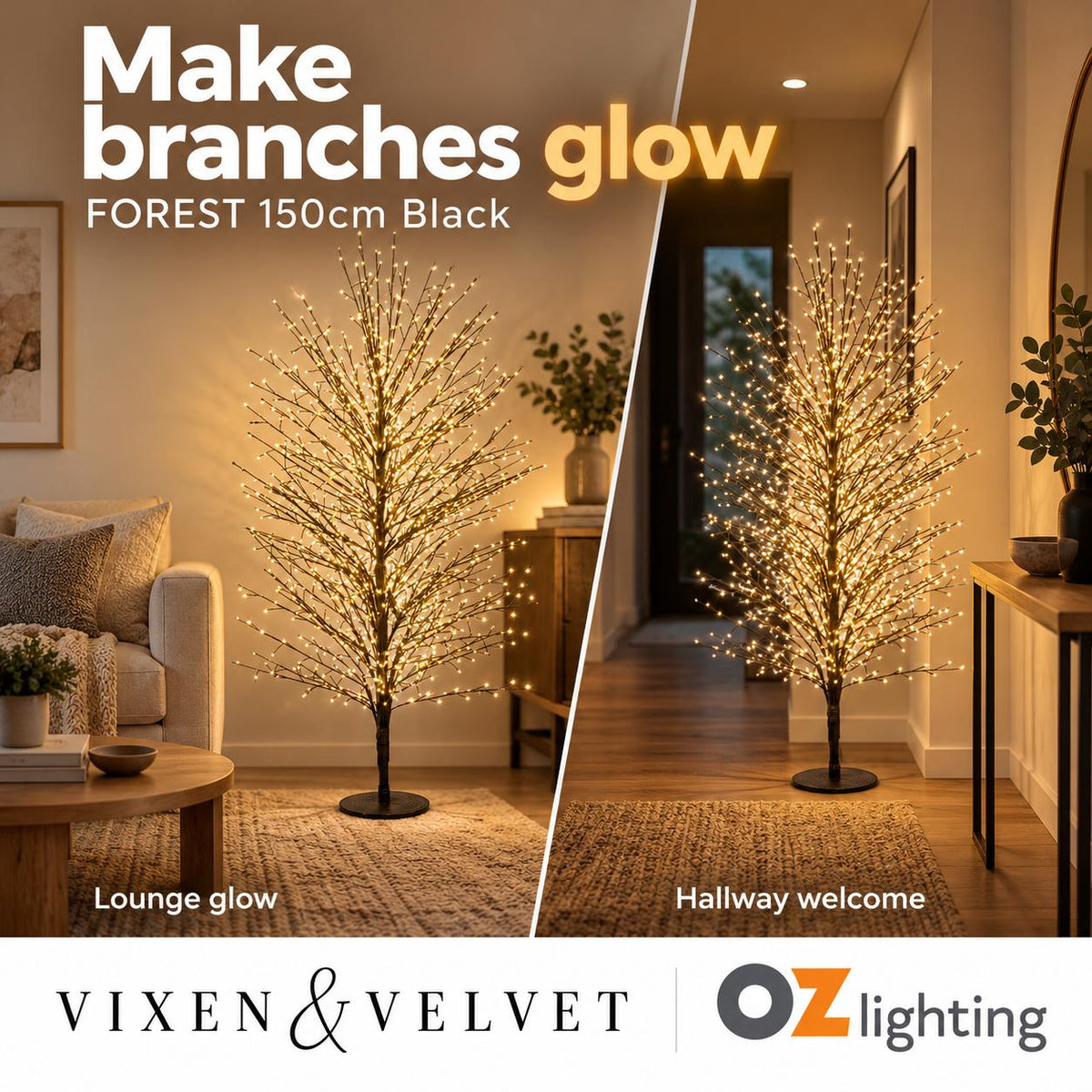 Vixen & Velvet FOREST Light-Up Tree - 150cm, Black, 1500 LEDs-VIXEN & VELVET-Ozlighting.com.au