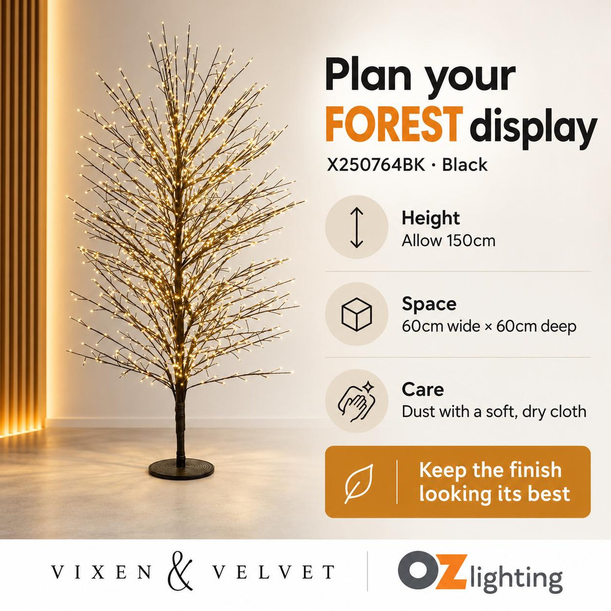 Vixen & Velvet FOREST Light-Up Tree - 150cm, Black, 1500 LEDs-VIXEN & VELVET-Ozlighting.com.au