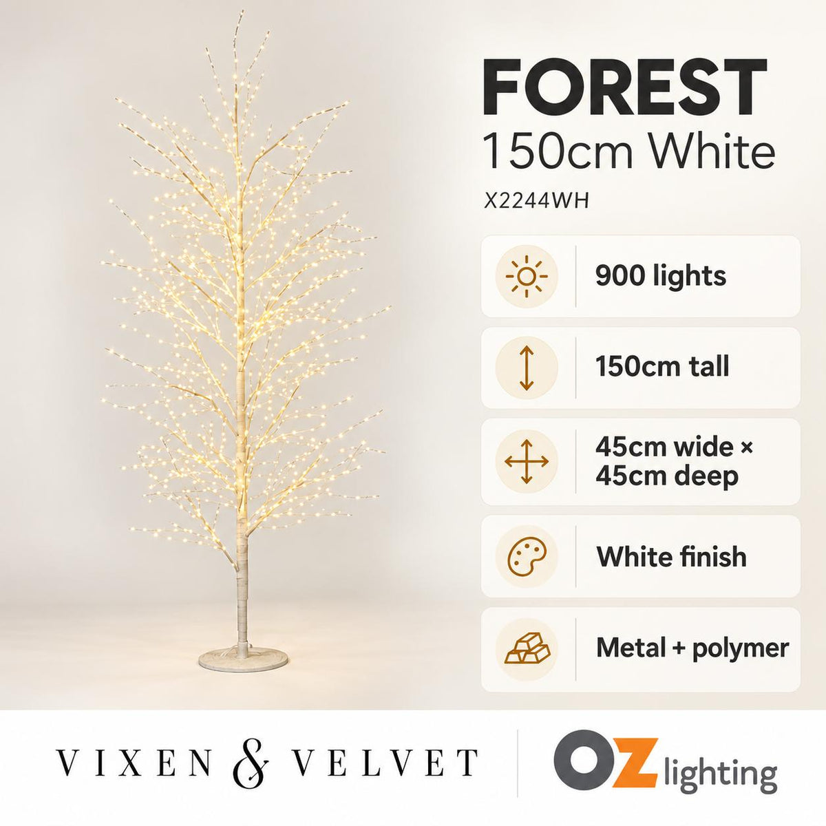 Vixen & Velvet FOREST Light-Up Tree - 150cm, White, 900 Lights-VIXEN & VELVET-Ozlighting.com.au