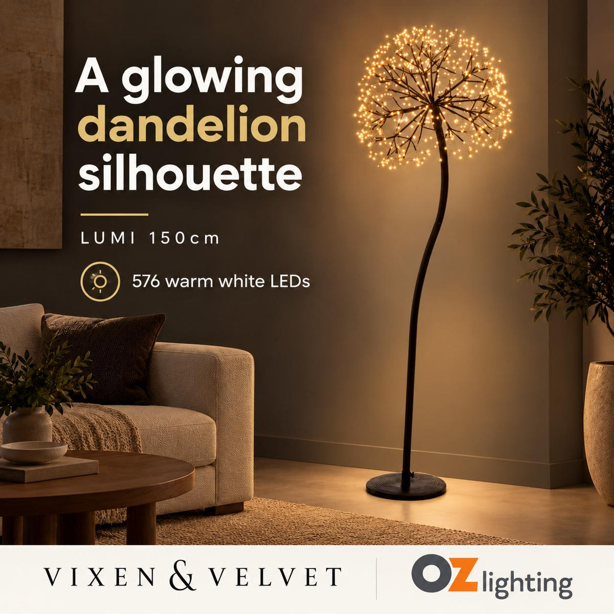 Vixen & Velvet LUMI Light-Up Dandelion - 150cm, 576 LEDs, Warm White-VIXEN & VELVET-Ozlighting.com.au