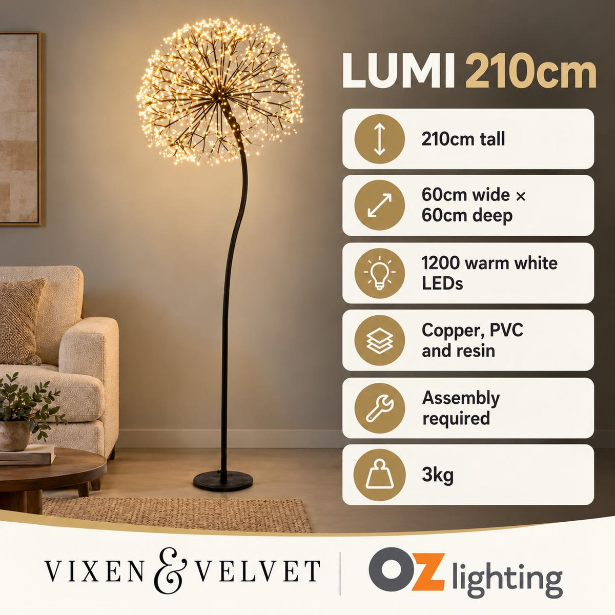 Vixen & Velvet LUMI Light-Up Dandelion - 210cm, 1200 LEDs, Warm White-VIXEN & VELVET-Ozlighting.com.au