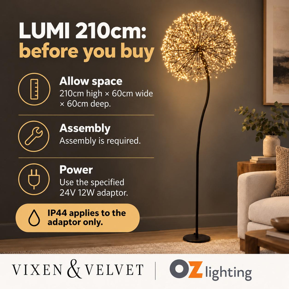Vixen & Velvet LUMI Light-Up Dandelion - 210cm, 1200 LEDs, Warm White-VIXEN & VELVET-Ozlighting.com.au