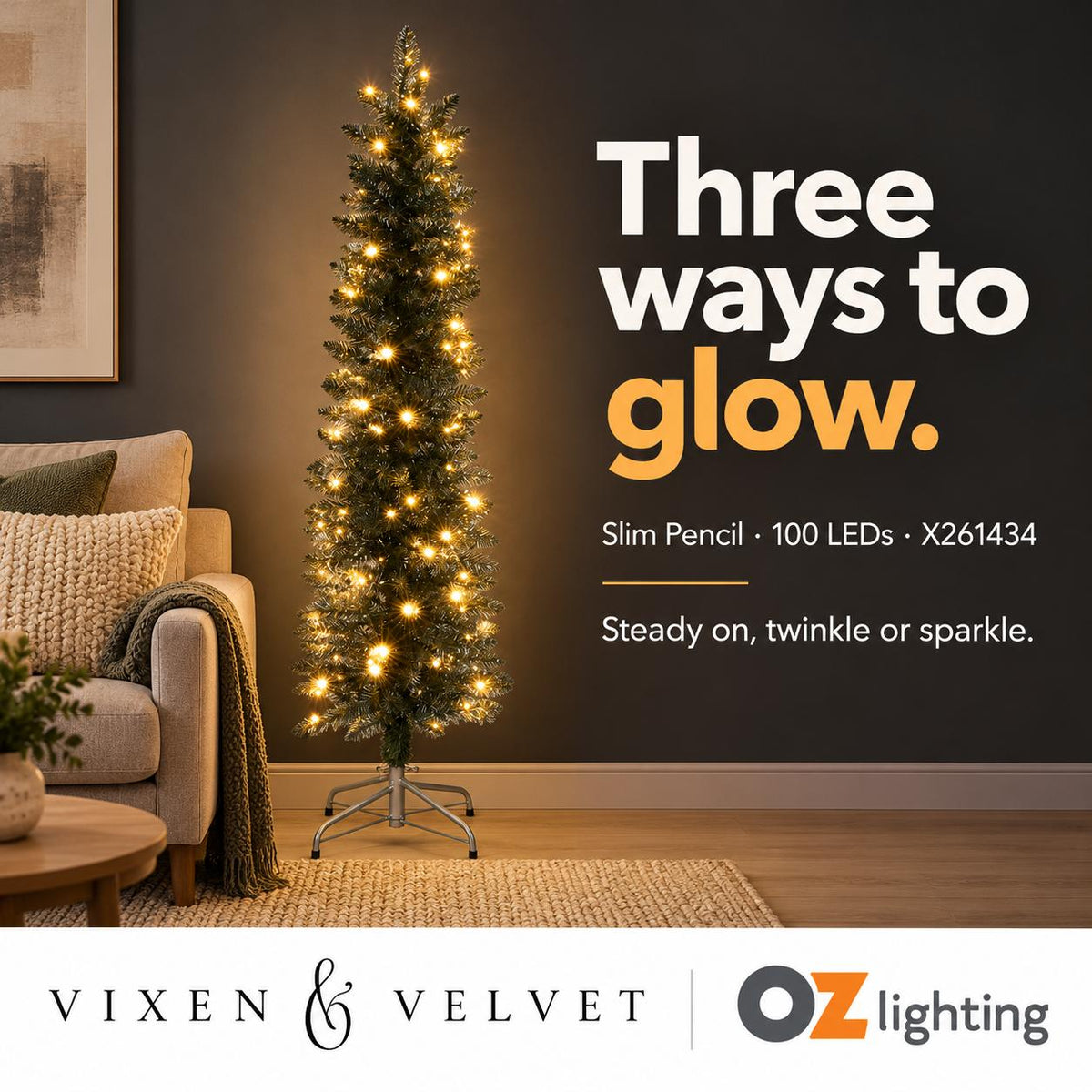Vixen & Velvet Light-Up Tree - Slim Pencil, 150cm, Silver Green, 100 LEDs-VIXEN & VELVET-Ozlighting.com.au