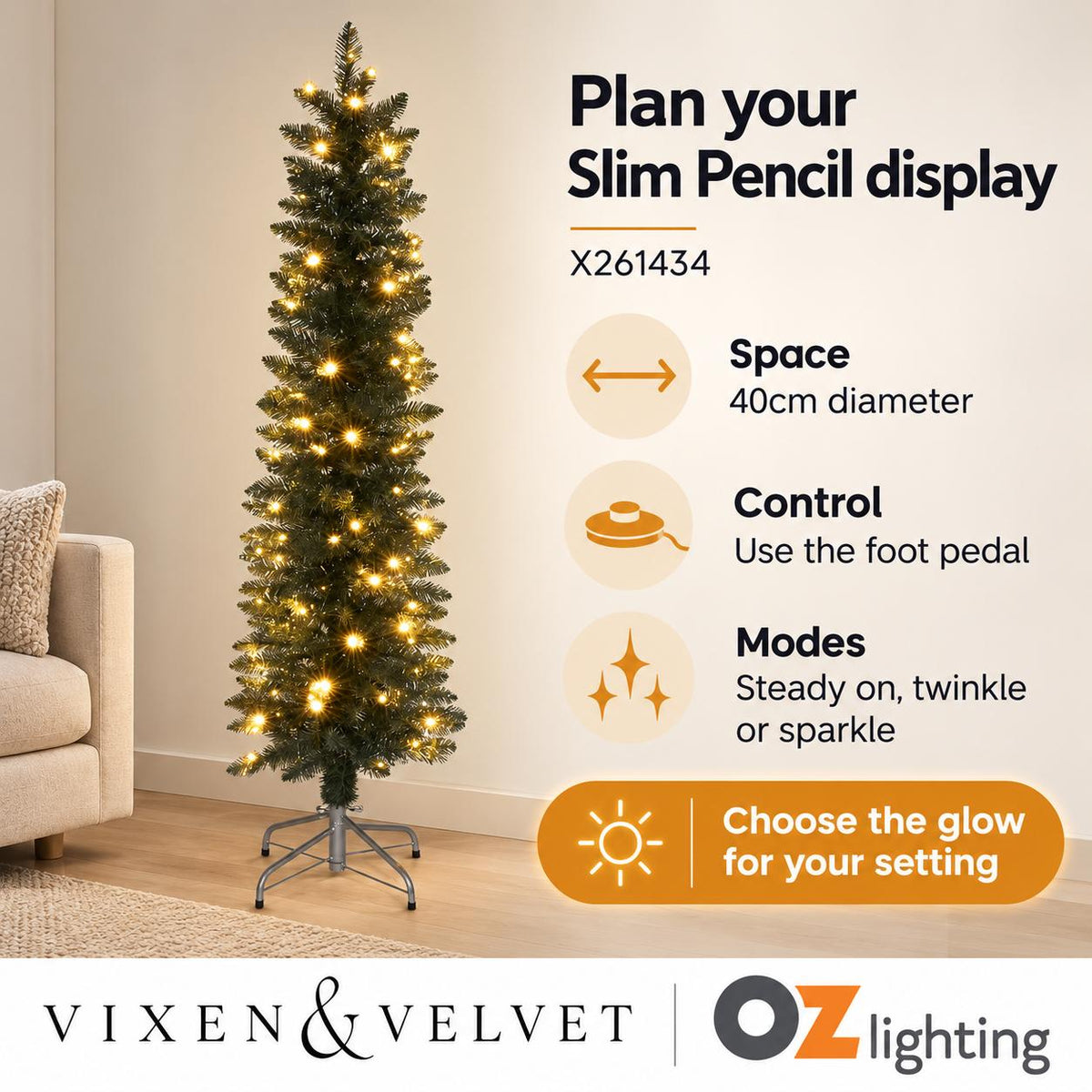 Vixen & Velvet Light-Up Tree - Slim Pencil, 150cm, Silver Green, 100 LEDs-VIXEN & VELVET-Ozlighting.com.au