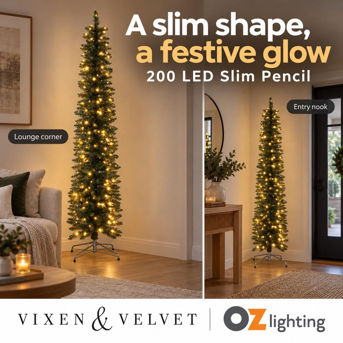 Vixen & Velvet Light-Up Tree - Slim Pencil, 210cm, Silver Green, 200 LEDs-VIXEN & VELVET-Ozlighting.com.au