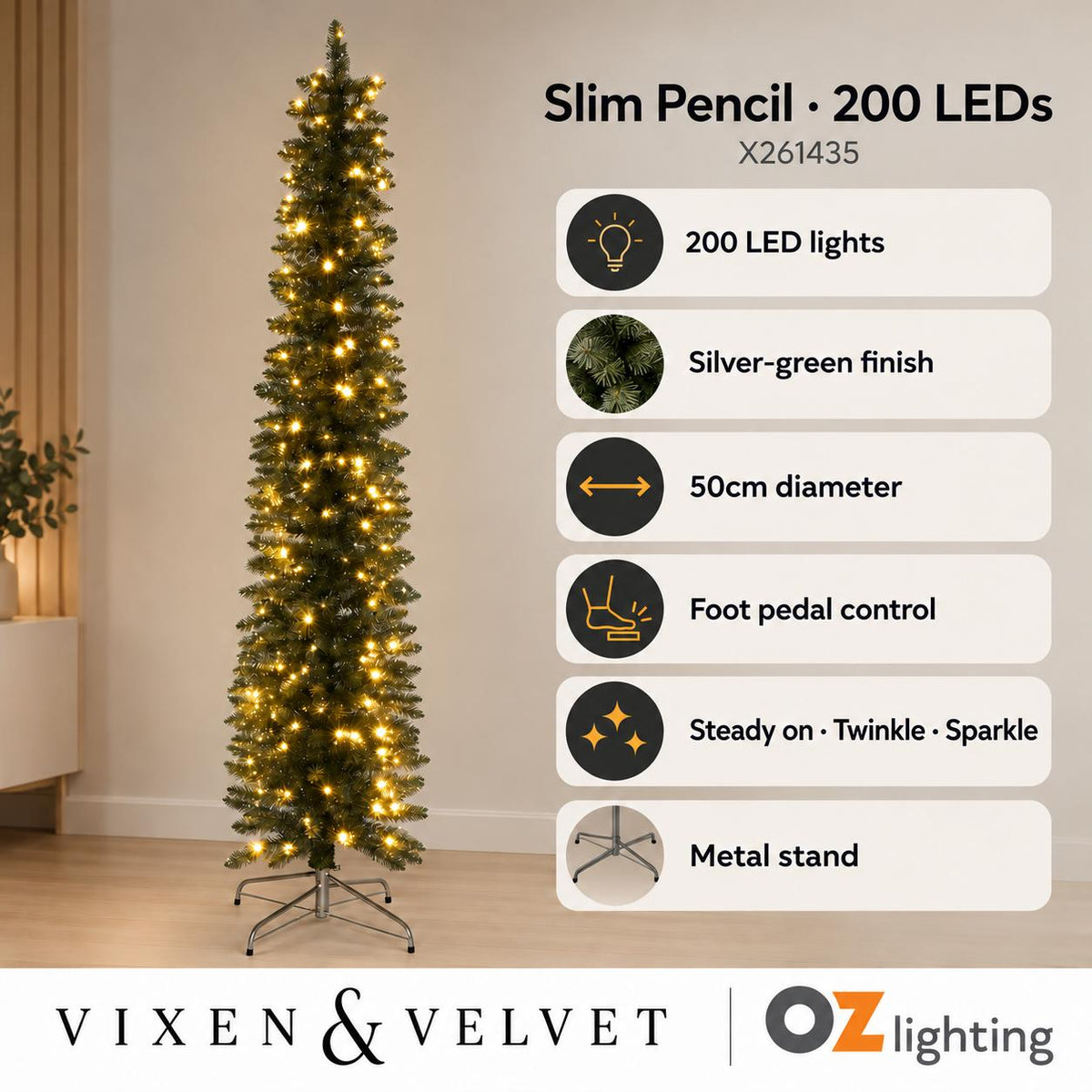 Vixen & Velvet Light-Up Tree - Slim Pencil, 210cm, Silver Green, 200 LEDs-VIXEN & VELVET-Ozlighting.com.au