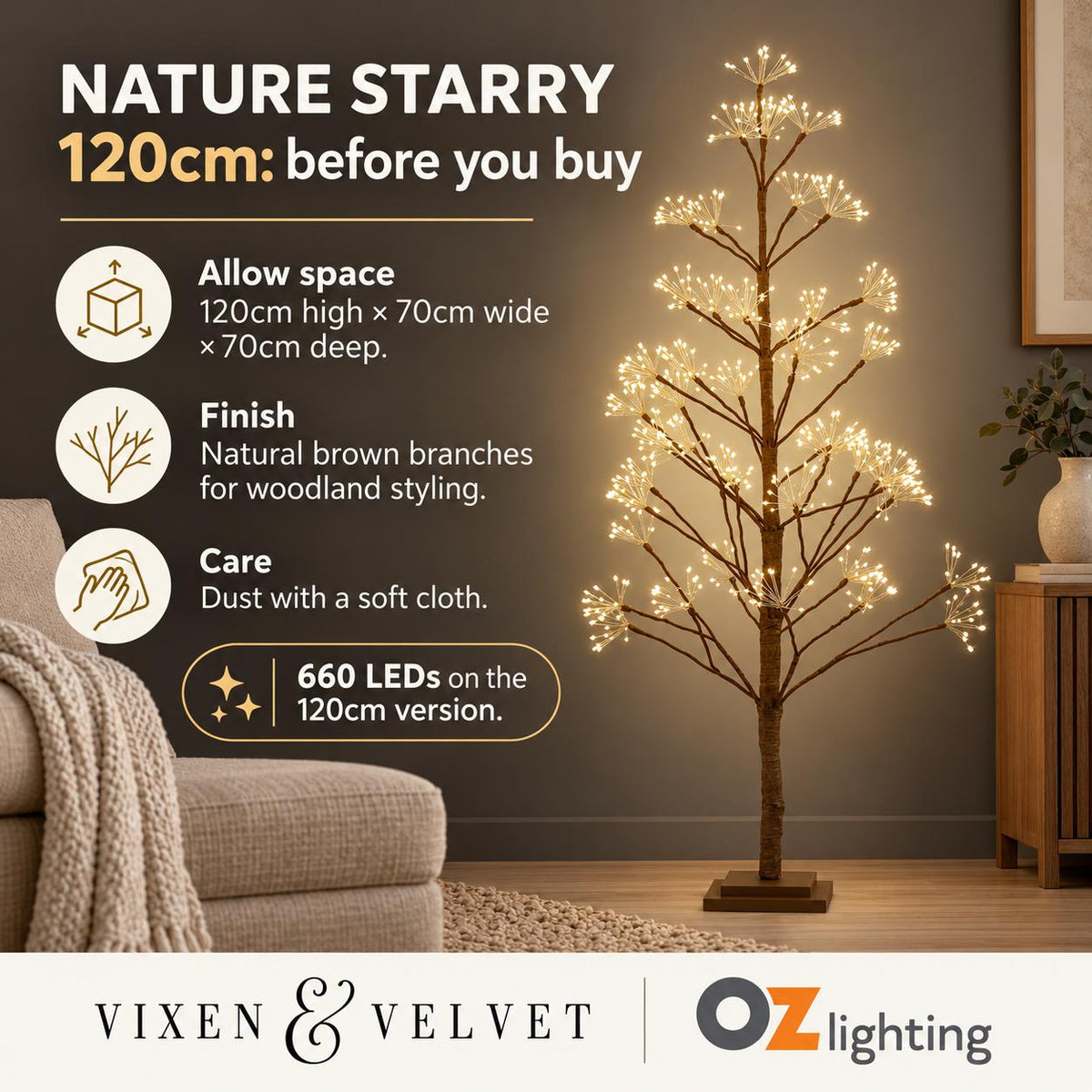 Vixen & Velvet NATURE STARRY Light-Up Tree - 120cm, Brown, 660 LEDs-VIXEN & VELVET-Ozlighting.com.au