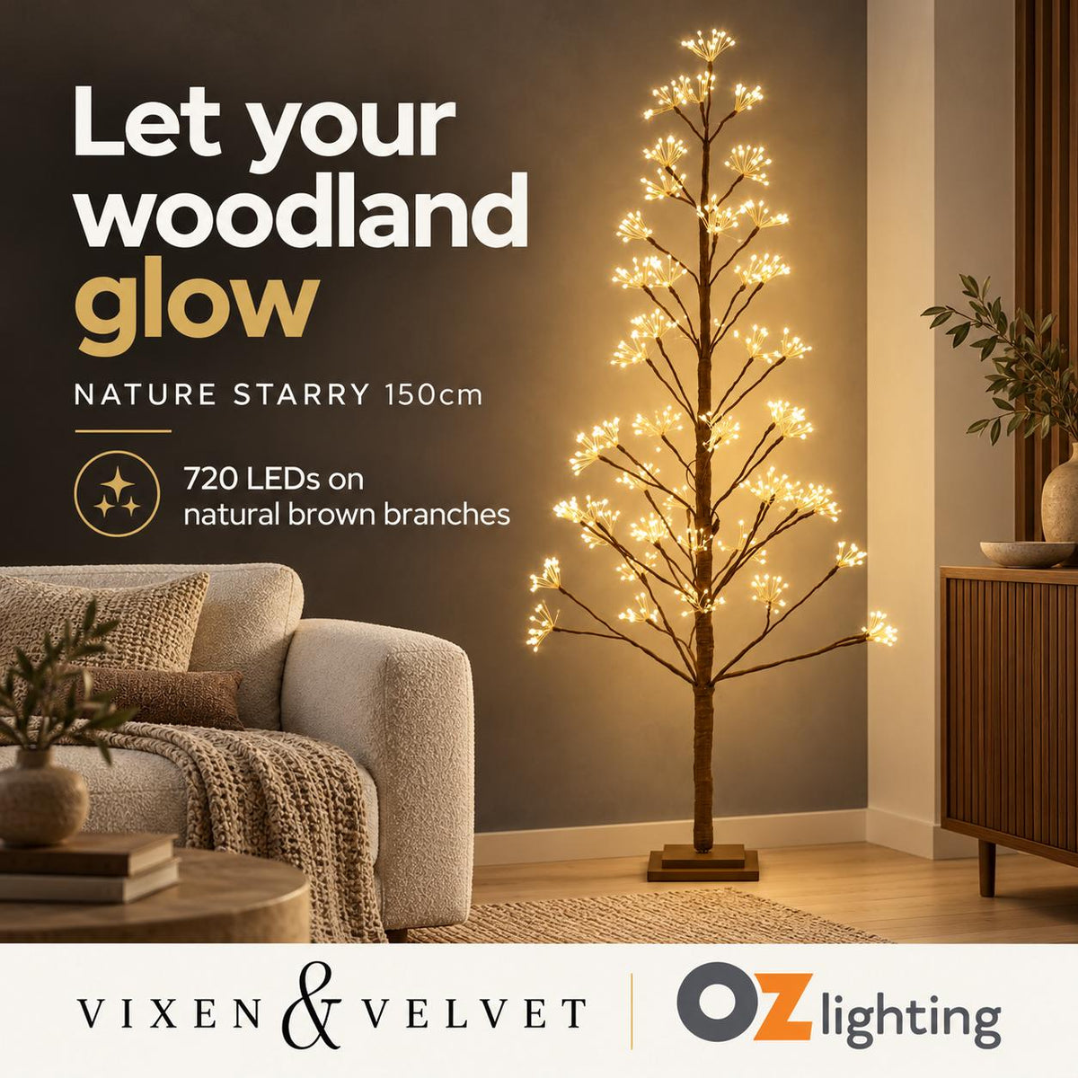 Vixen & Velvet NATURE STARRY Light-Up Tree - 150cm, Brown, 720 LEDs-VIXEN & VELVET-Ozlighting.com.au