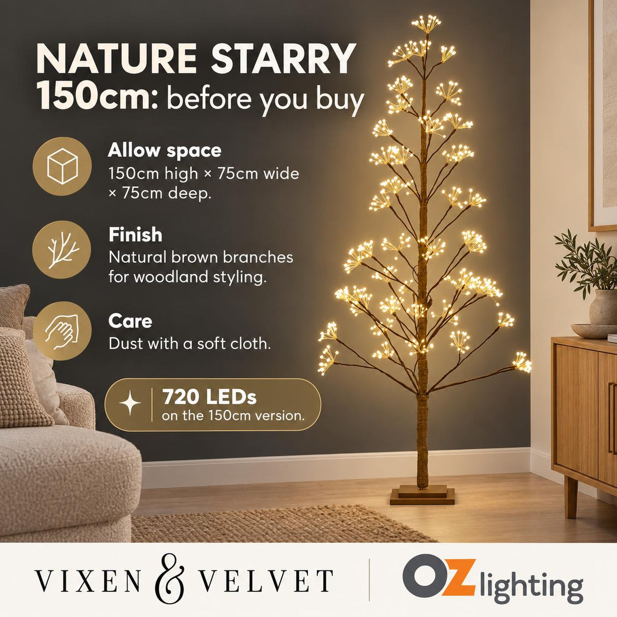 Vixen & Velvet NATURE STARRY Light-Up Tree - 150cm, Brown, 720 LEDs-VIXEN & VELVET-Ozlighting.com.au