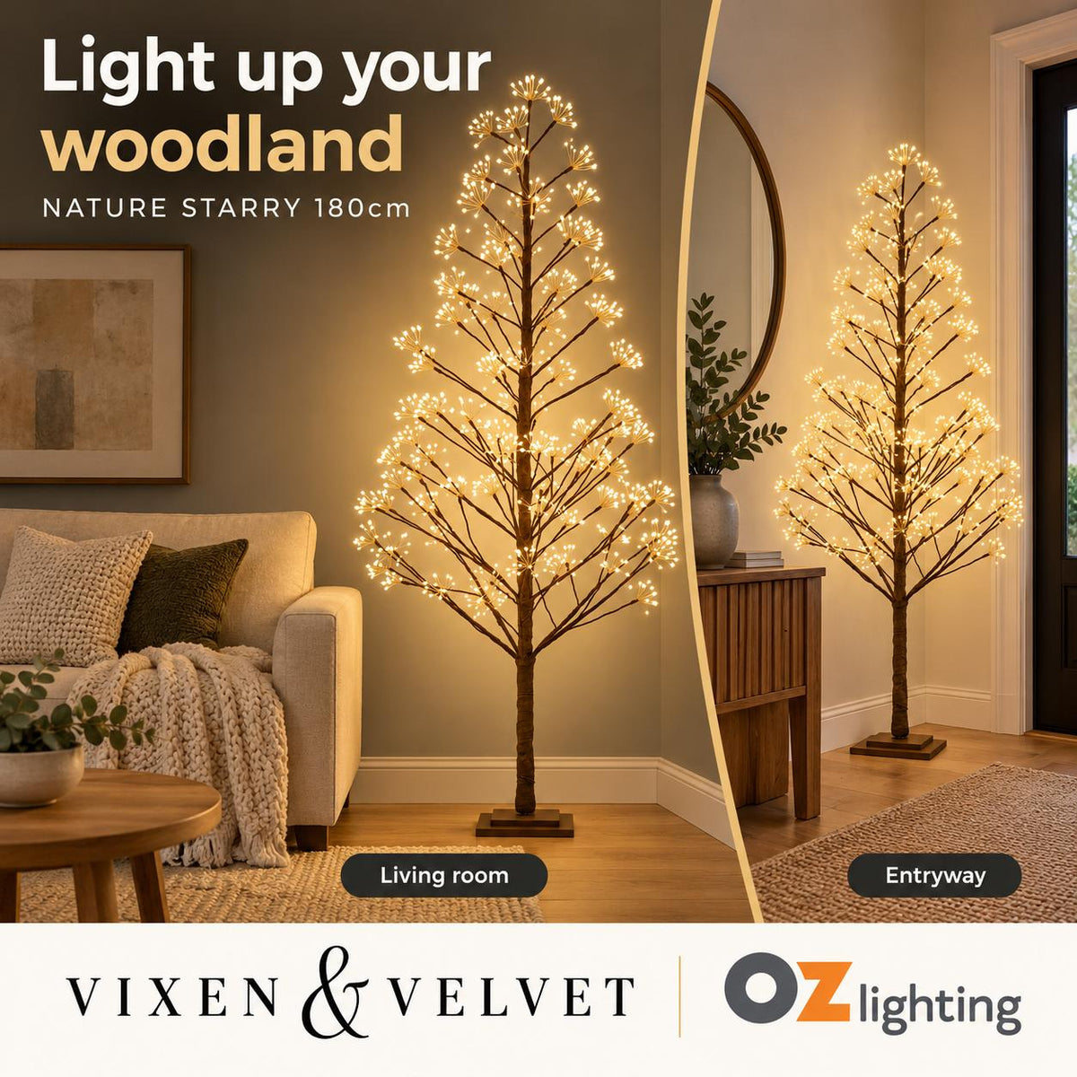 Vixen & Velvet NATURE STARRY Light-Up Tree - 180cm, Brown, 1395 LEDs-VIXEN & VELVET-Ozlighting.com.au