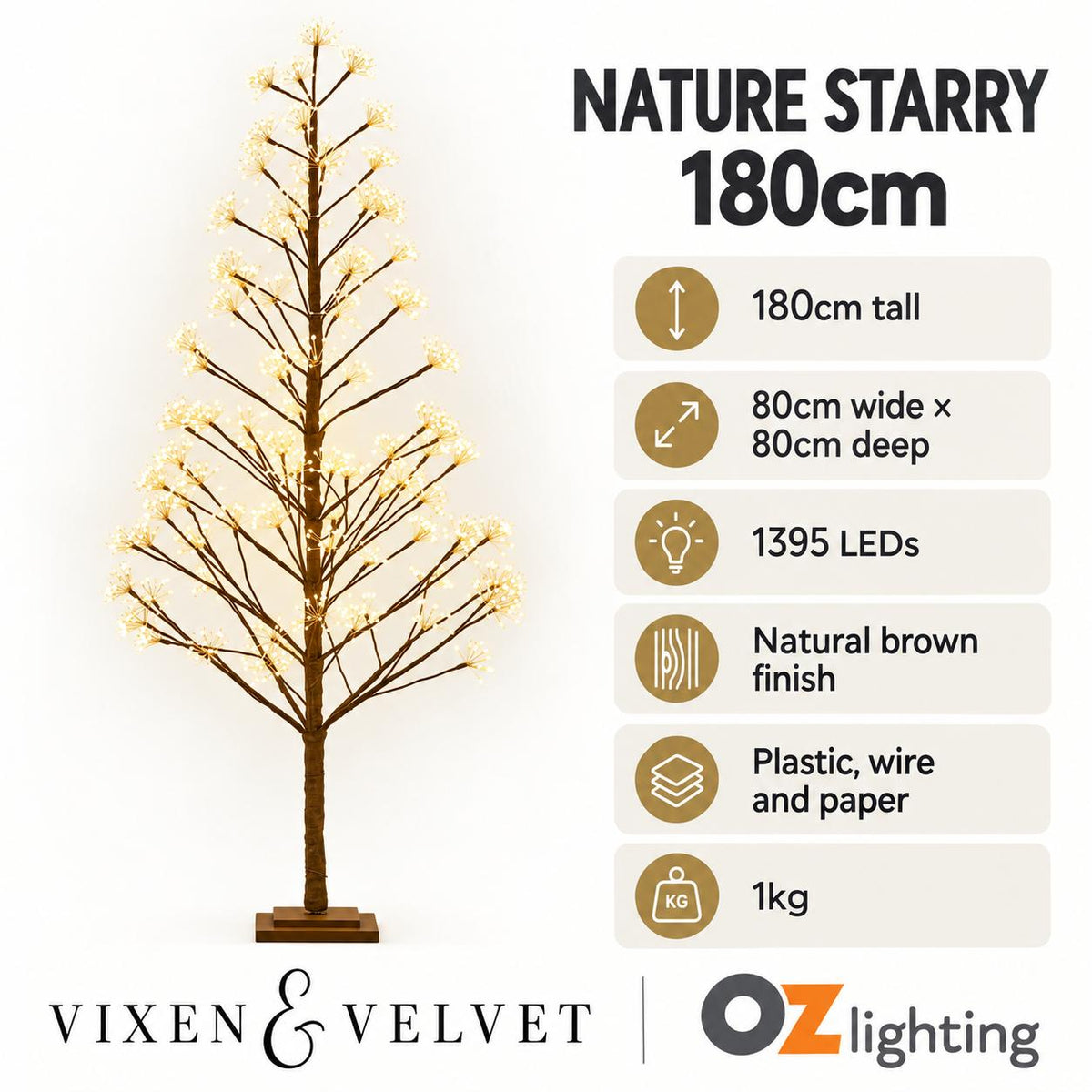Vixen & Velvet NATURE STARRY Light-Up Tree - 180cm, Brown, 1395 LEDs-VIXEN & VELVET-Ozlighting.com.au