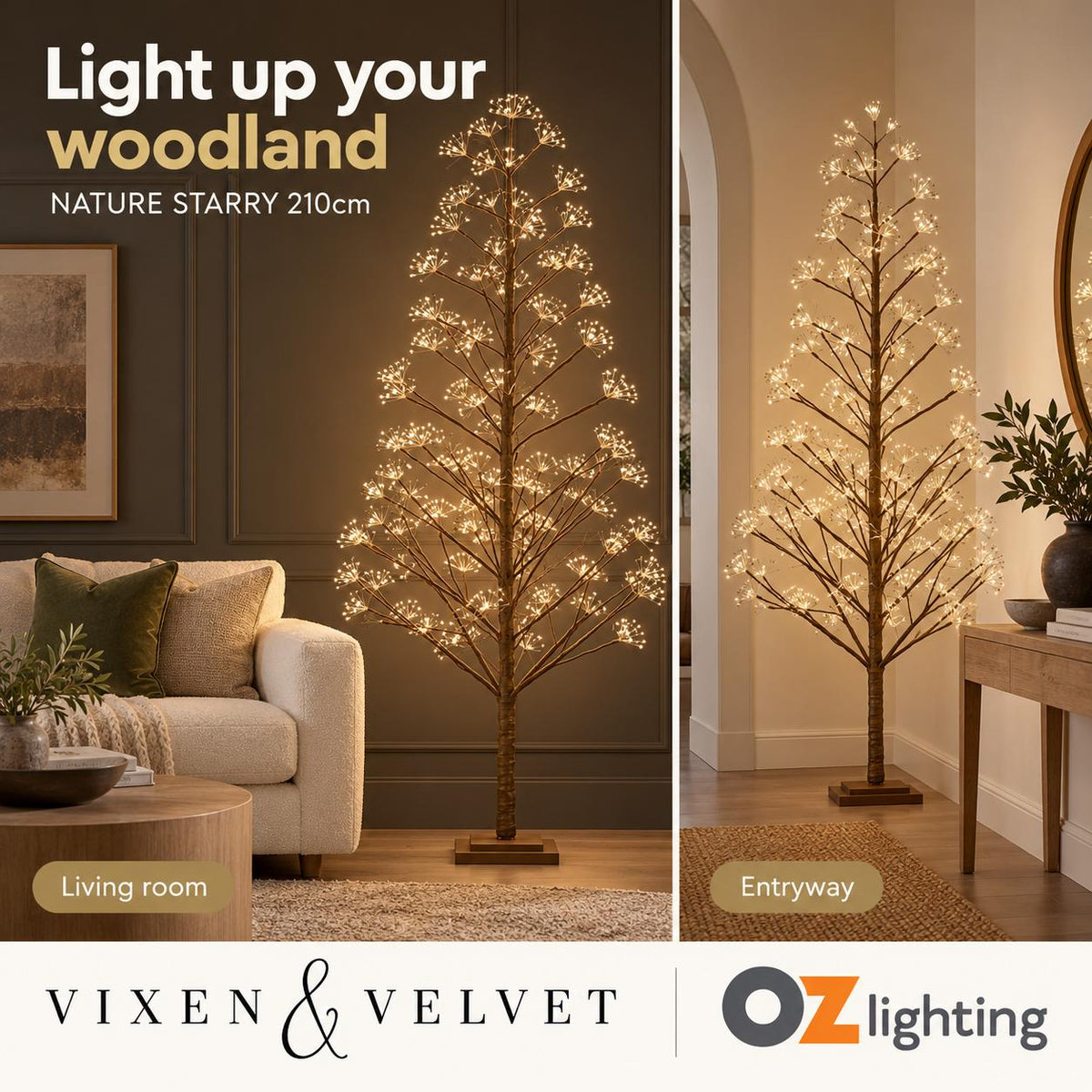 Vixen & Velvet NATURE STARRY Light-Up Tree - 210cm, Brown, 1920 LEDs-VIXEN & VELVET-Ozlighting.com.au