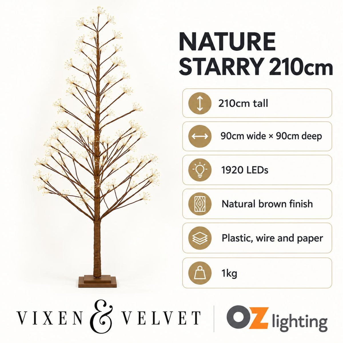 Vixen & Velvet NATURE STARRY Light-Up Tree - 210cm, Brown, 1920 LEDs-VIXEN & VELVET-Ozlighting.com.au