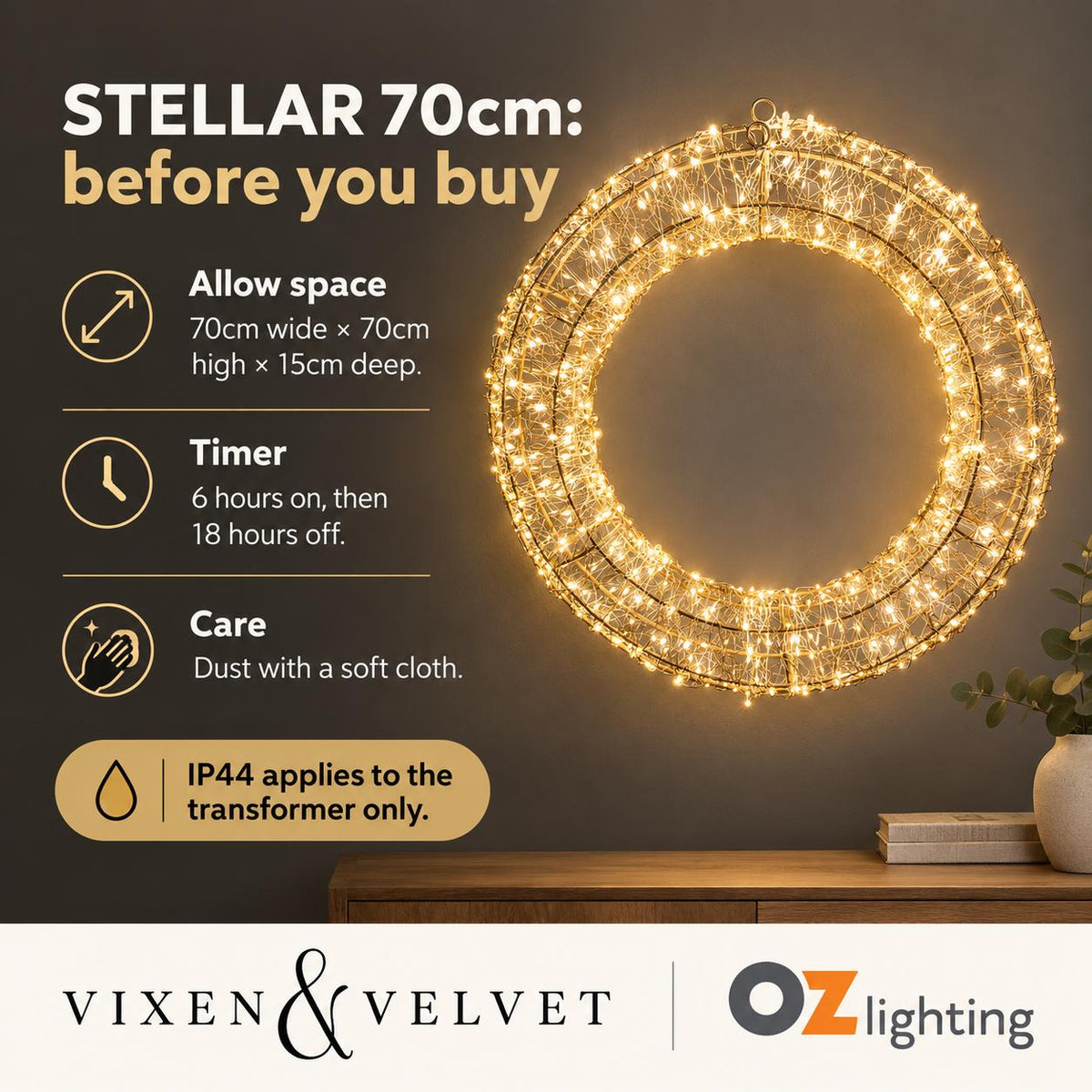 Vixen & Velvet STELLAR Light-Up Wreath - 70cm-VIXEN & VELVET-Ozlighting.com.au