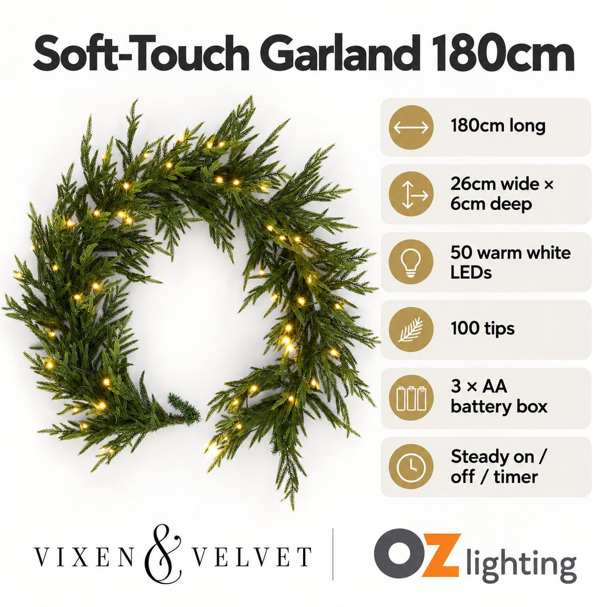 Vixen & Velvet Touch Light-Up Garland - 180cm, Soft-VIXEN & VELVET-Ozlighting.com.au