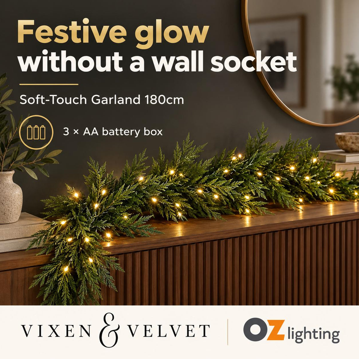 Vixen & Velvet Touch Light-Up Garland - 180cm, Soft-VIXEN & VELVET-Ozlighting.com.au
