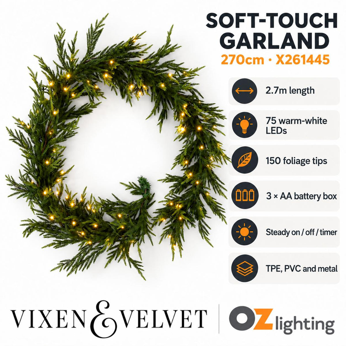 Vixen & Velvet Touch Light-Up Garland - 270cm, Soft-VIXEN & VELVET-Ozlighting.com.au