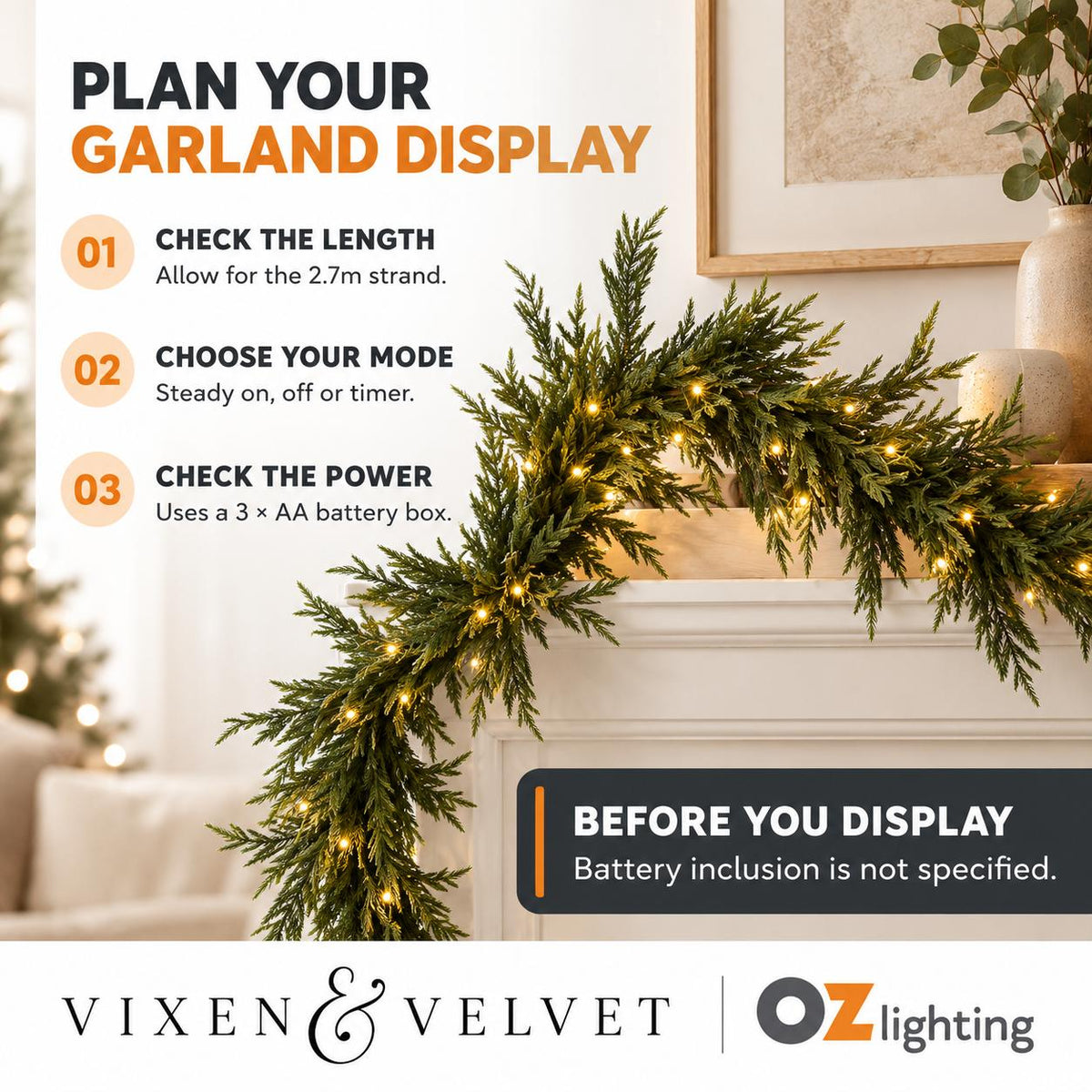 Vixen & Velvet Touch Light-Up Garland - 270cm, Soft-VIXEN & VELVET-Ozlighting.com.au