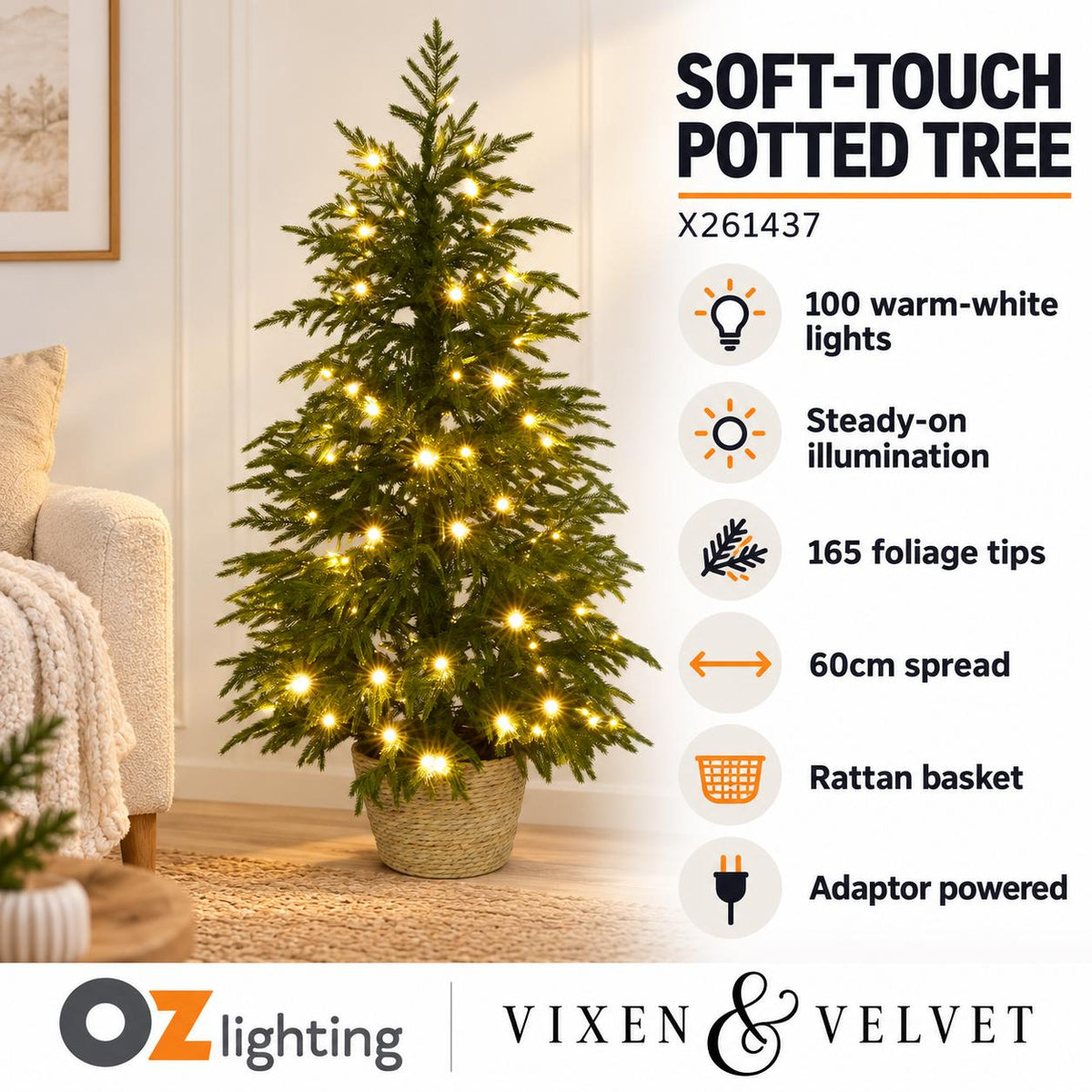 Vixen & Velvet Touch Light-Up Tree - Soft- Potted, with Basket 120cm-VIXEN & VELVET-Ozlighting.com.au