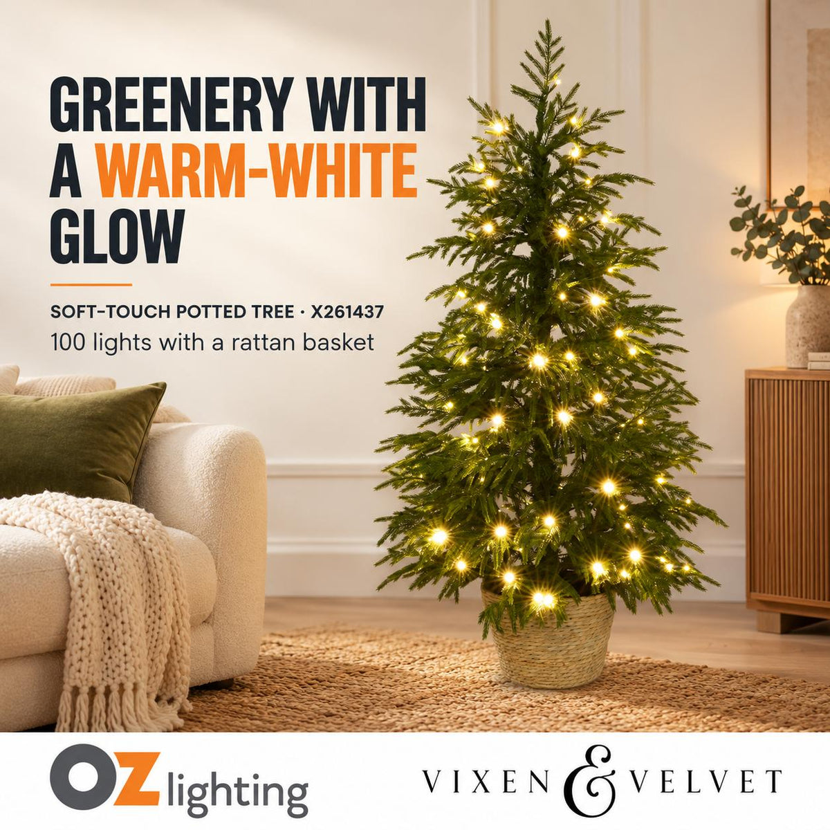 Vixen & Velvet Touch Light-Up Tree - Soft- Potted, with Basket 120cm-VIXEN & VELVET-Ozlighting.com.au