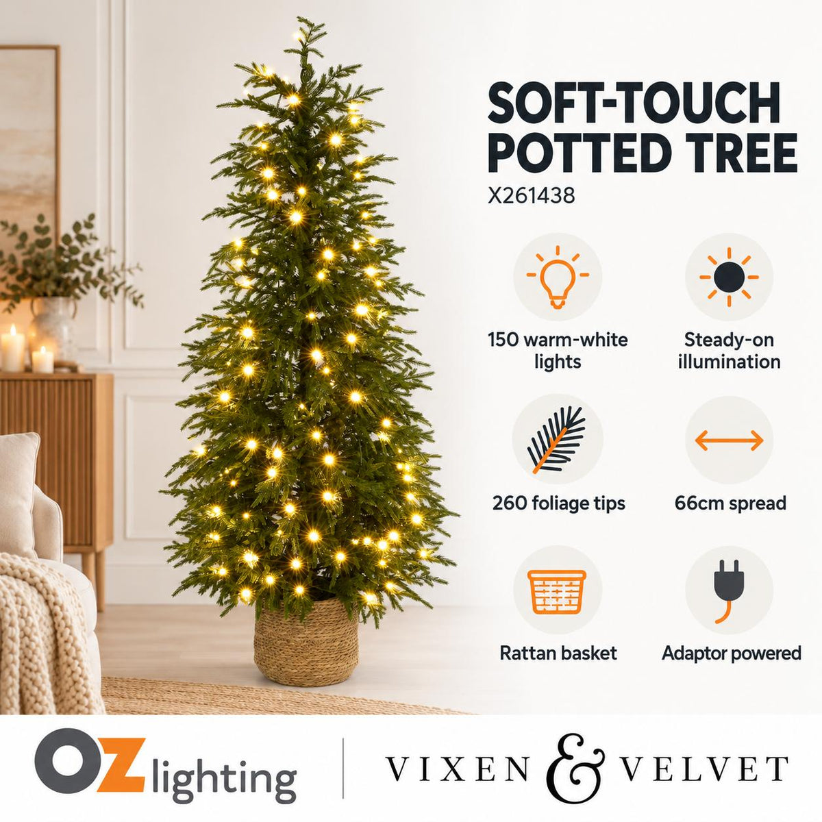 Vixen & Velvet Touch Light-Up Tree - Soft- Potted, with Basket 150cm-VIXEN & VELVET-Ozlighting.com.au