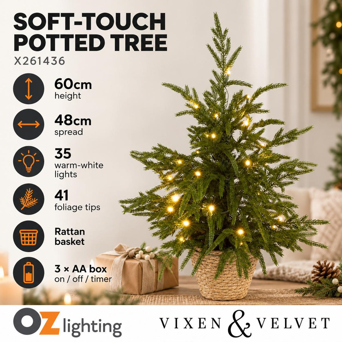 Vixen & Velvet Touch Light-Up Tree - Soft- Potted, with Basket 60cm-VIXEN & VELVET-Ozlighting.com.au