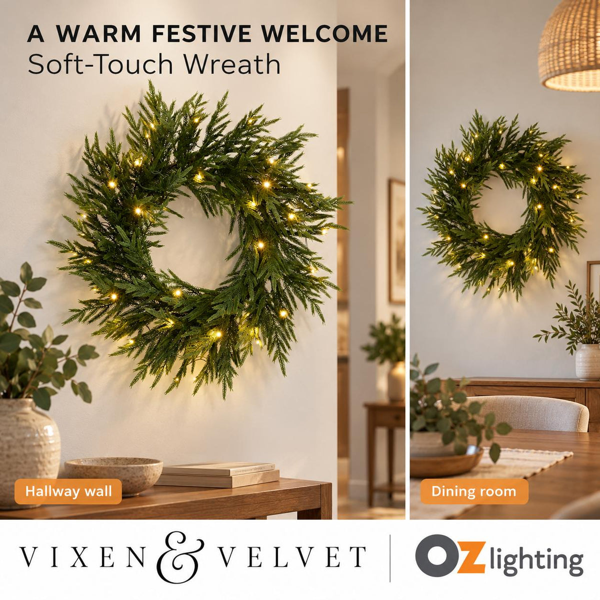 Vixen & Velvet Touch Light-Up Wreath - 60cm, Soft-VIXEN & VELVET-Ozlighting.com.au