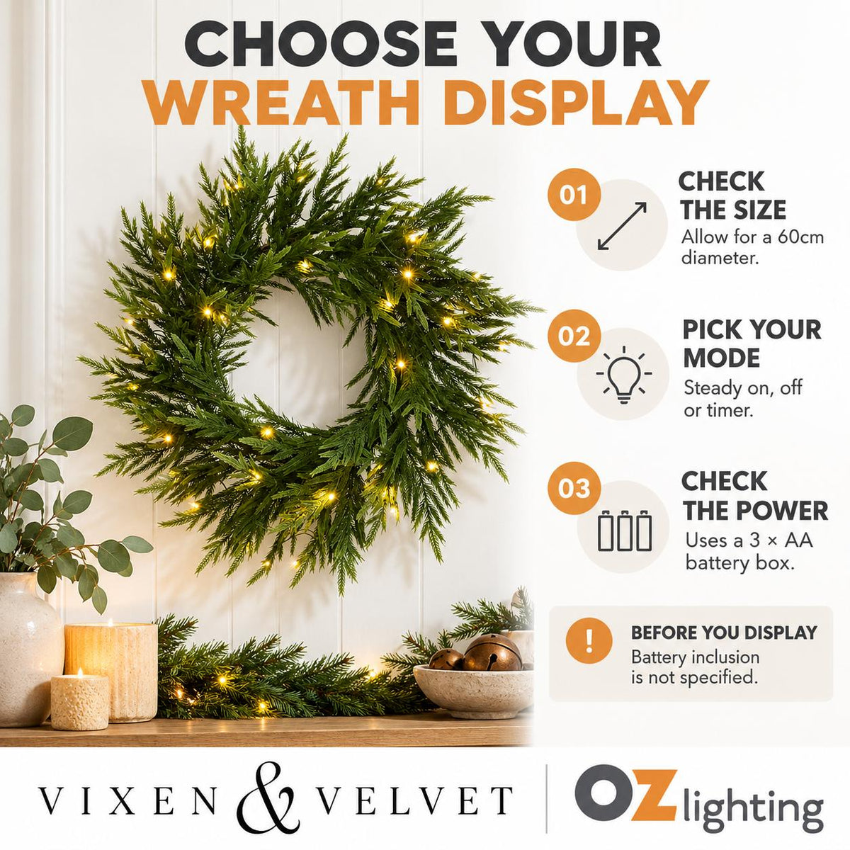 Vixen & Velvet Touch Light-Up Wreath - 60cm, Soft-VIXEN & VELVET-Ozlighting.com.au